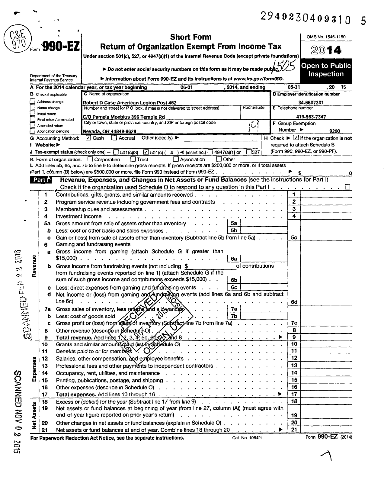 Image of first page of 2014 Form 990EO for American Legion - 462 Robert D Case