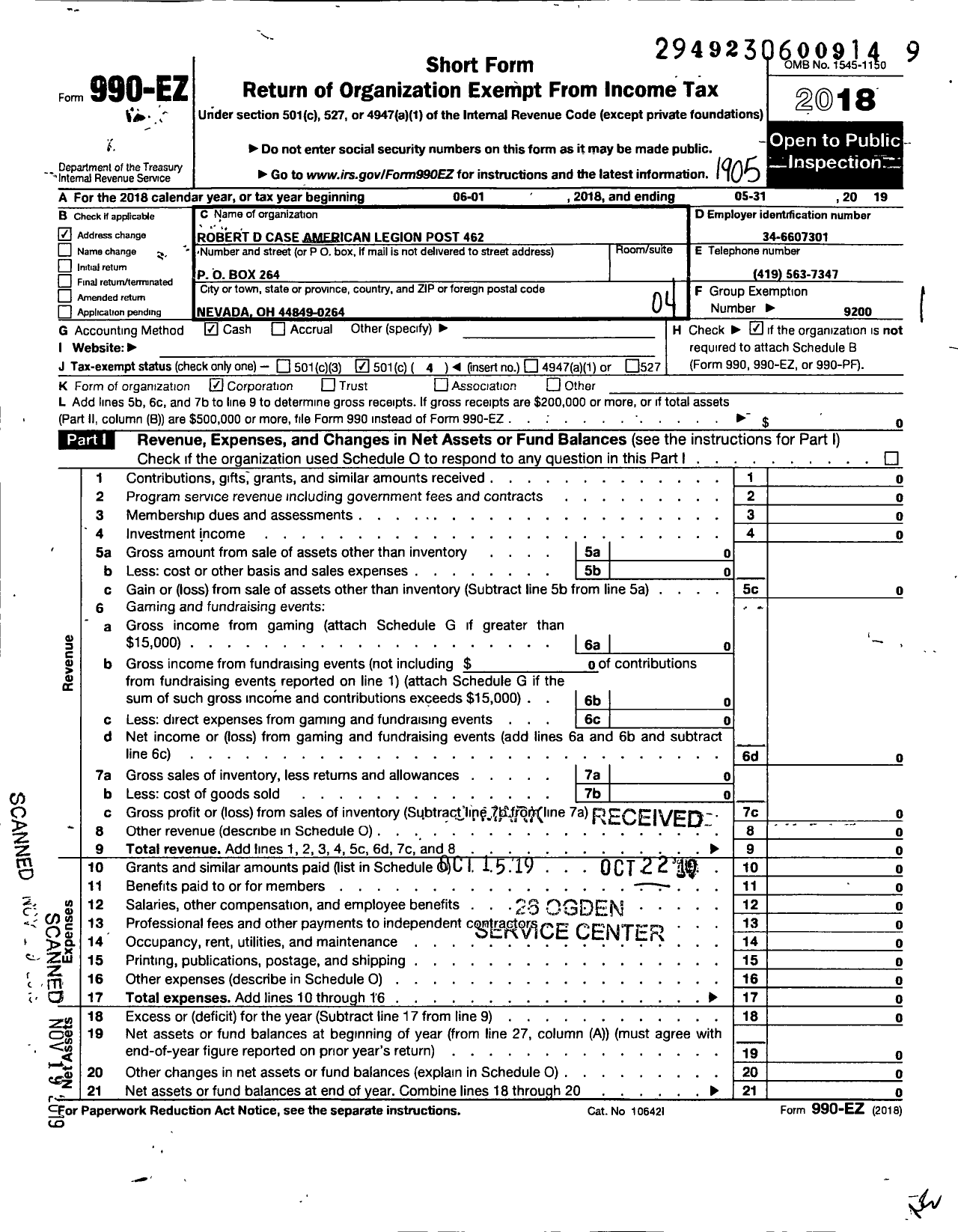 Image of first page of 2018 Form 990EO for American Legion - 462 Robert D Case