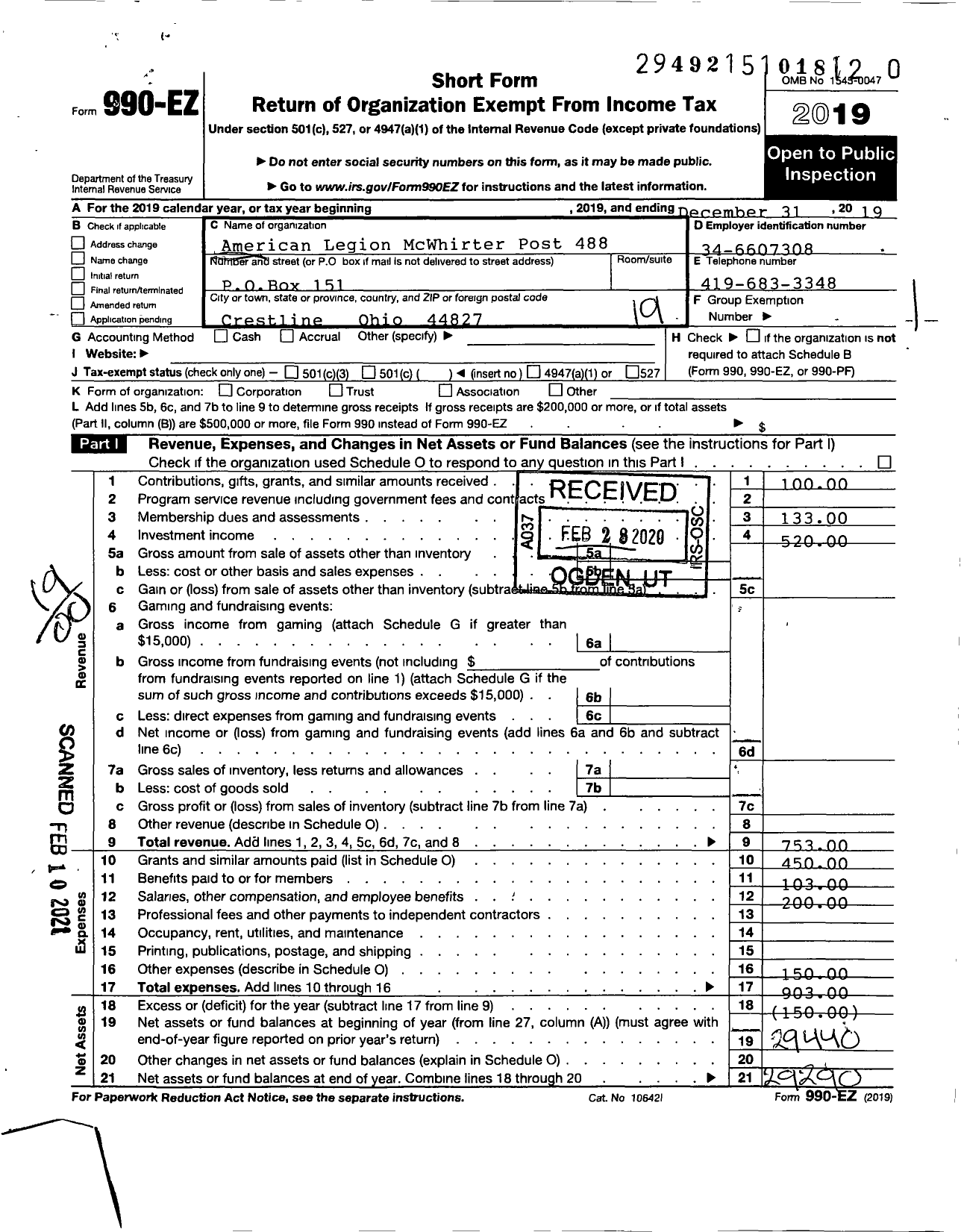 Image of first page of 2019 Form 990EO for American Legion - 488 MC Whirter