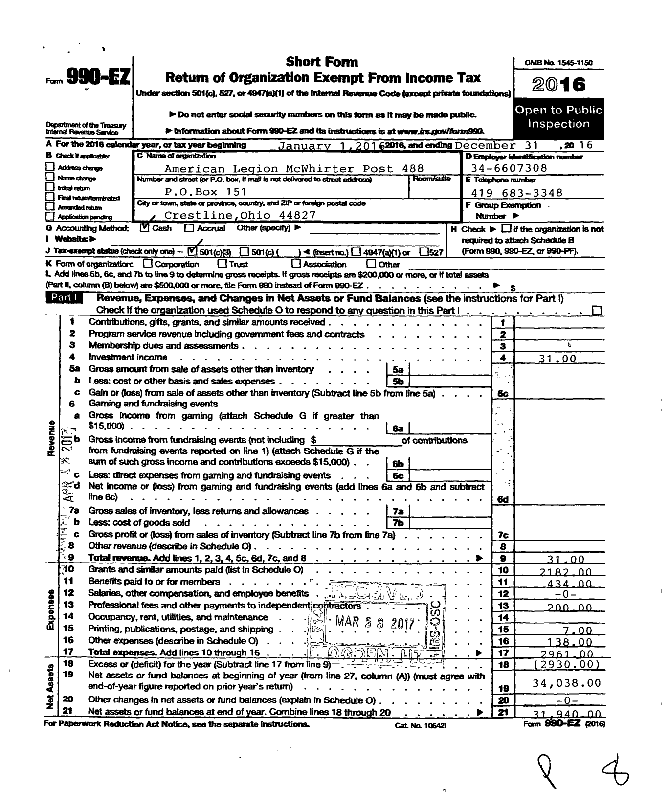 Image of first page of 2016 Form 990EZ for American Legion - 488 MC Whirter