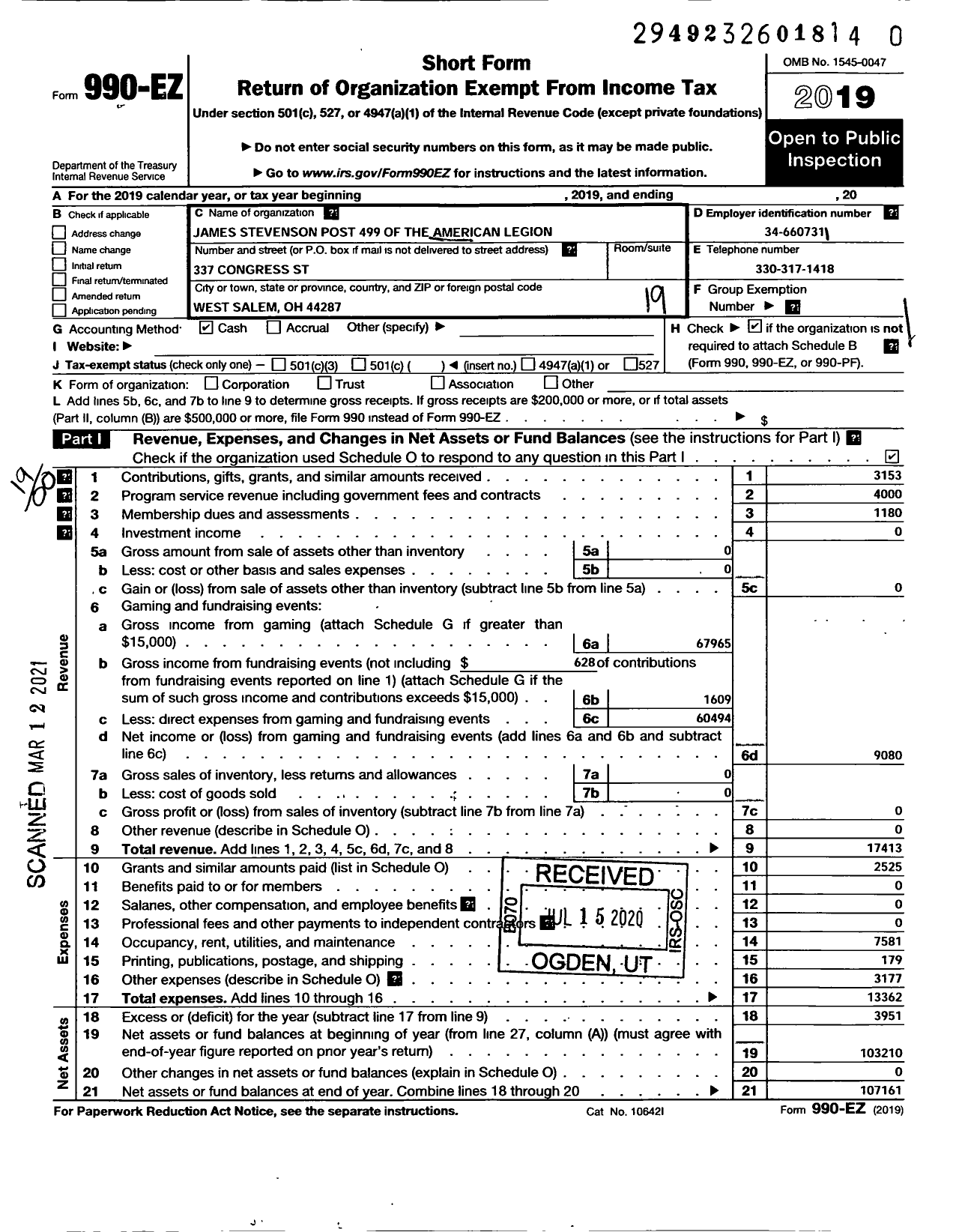 Image of first page of 2019 Form 990EO for AMERICAN Legion - 499 James Stevenson