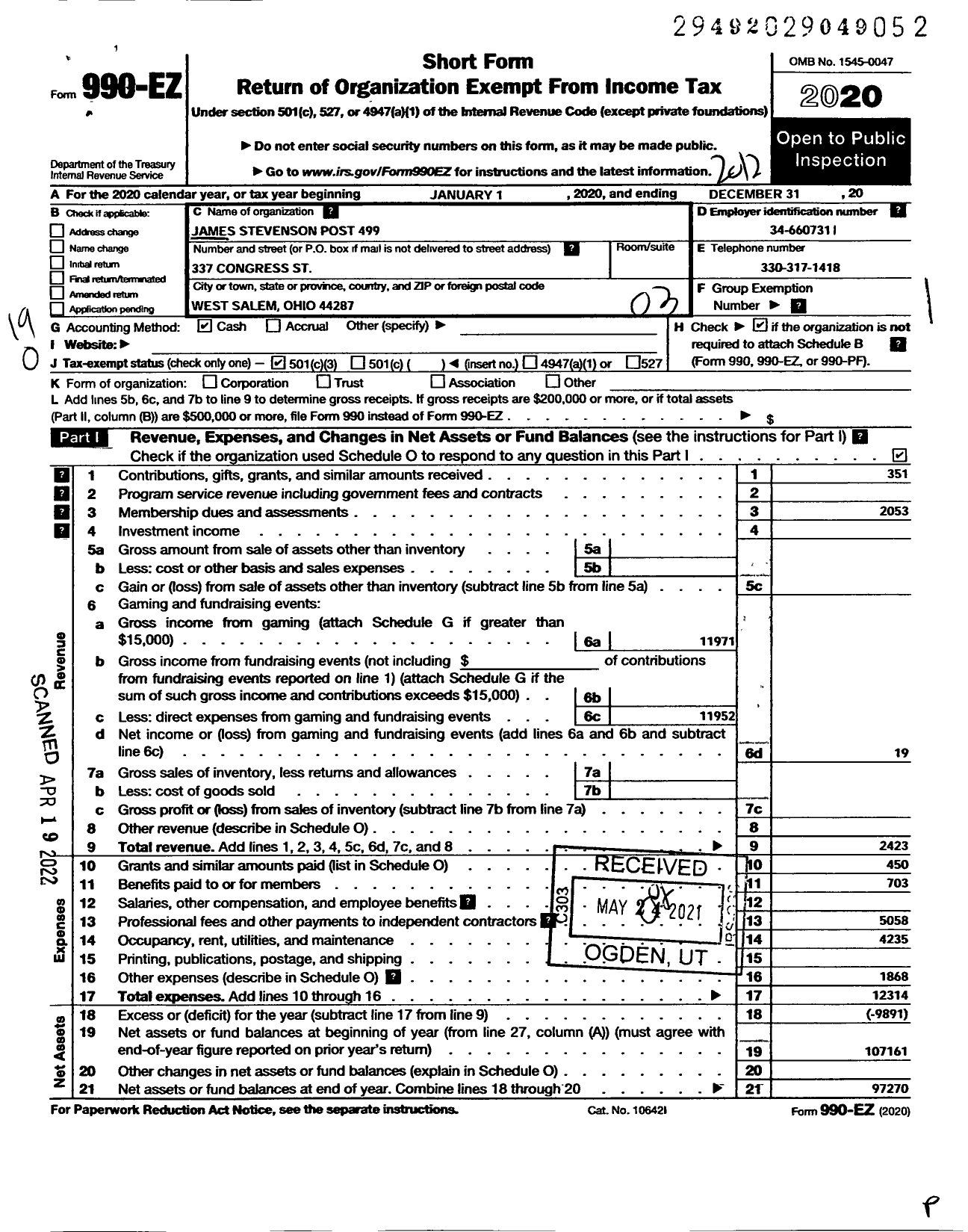 Image of first page of 2020 Form 990EO for AMERICAN Legion - 499 James Stevenson