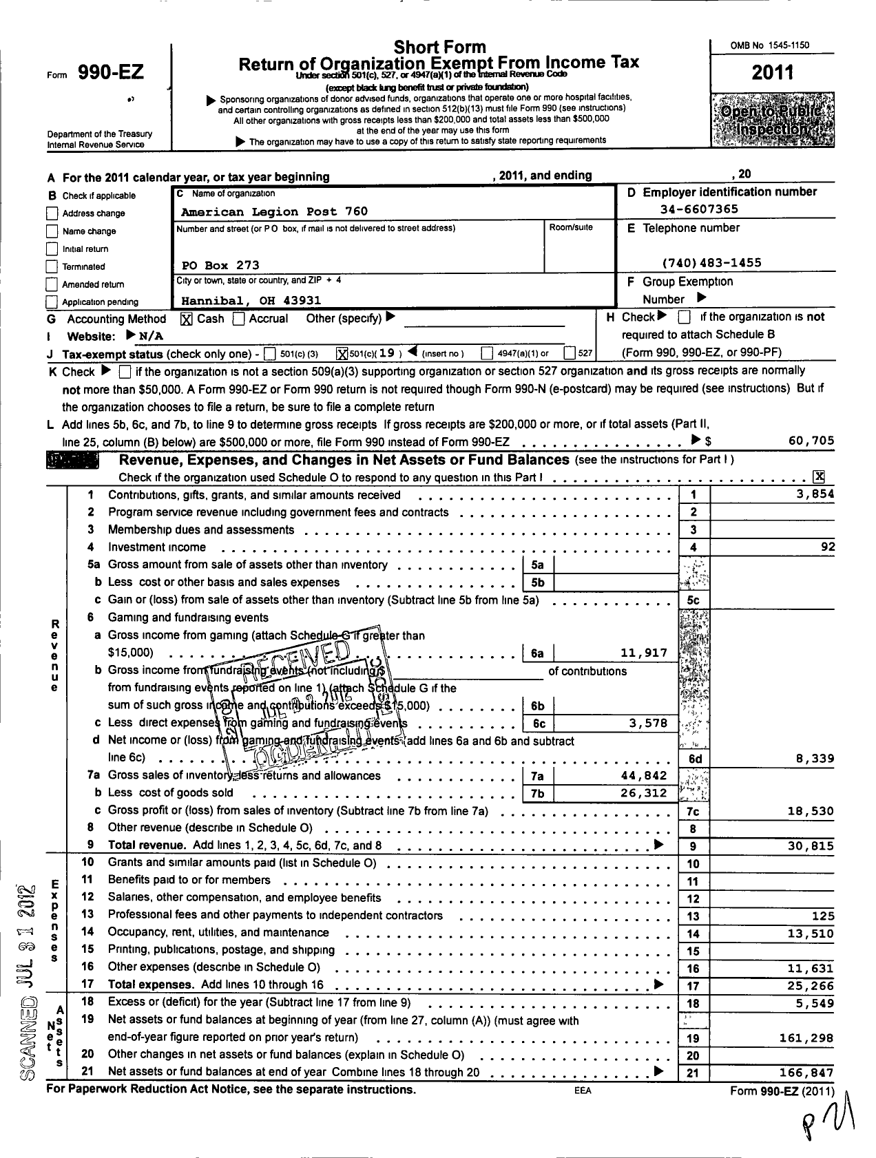 Image of first page of 2011 Form 990EO for American Legion - 0760 Ohio Valley