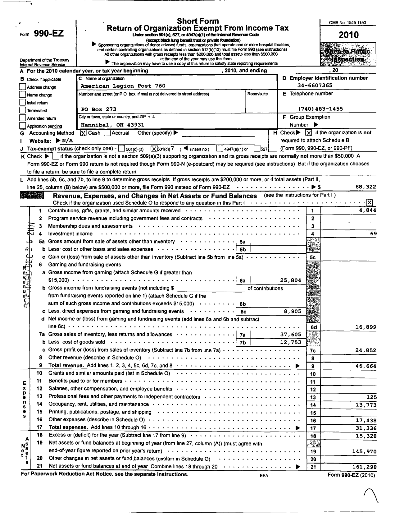 Image of first page of 2010 Form 990EO for American Legion - 0760 Ohio Valley