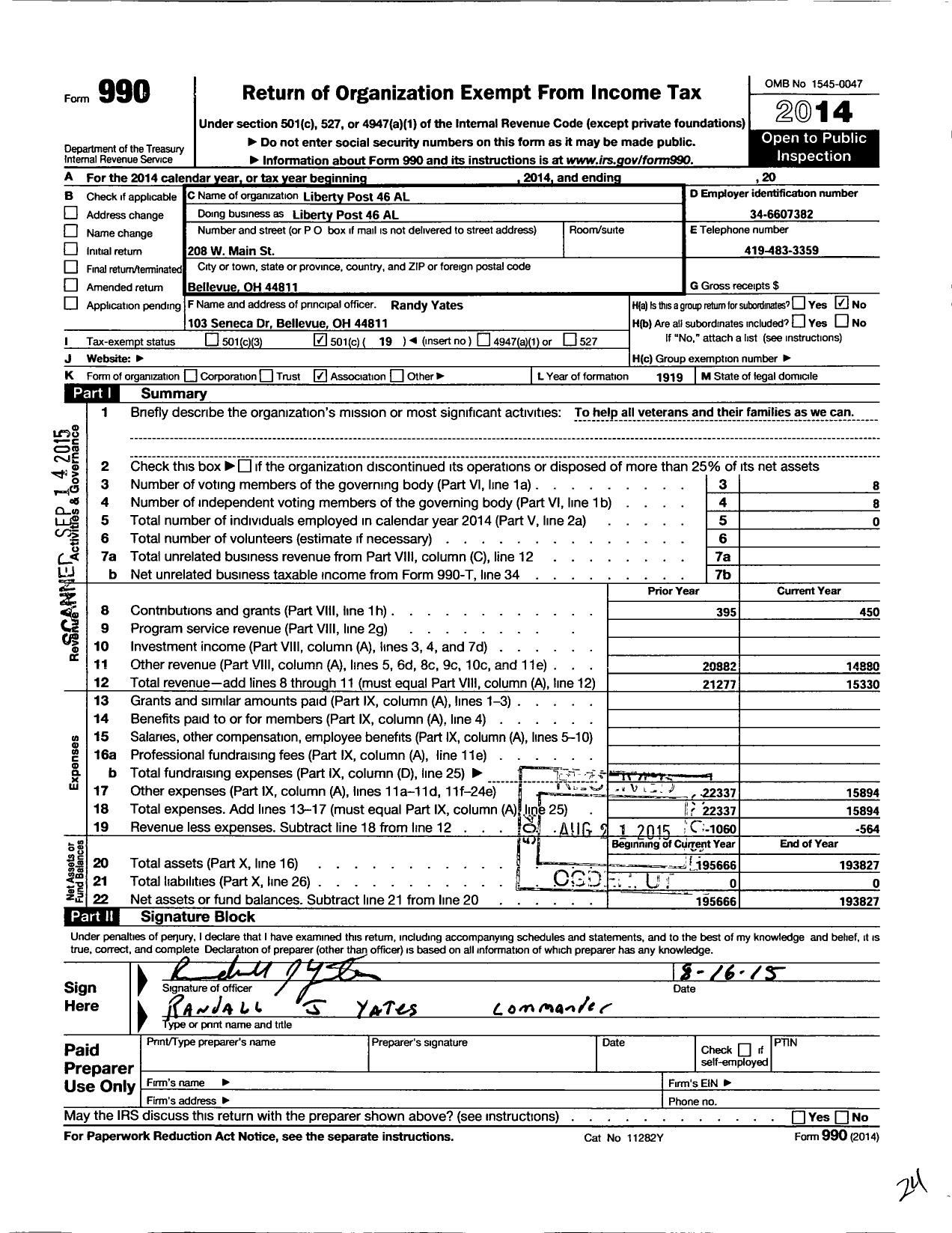 Image of first page of 2014 Form 990O for Amersian Legion