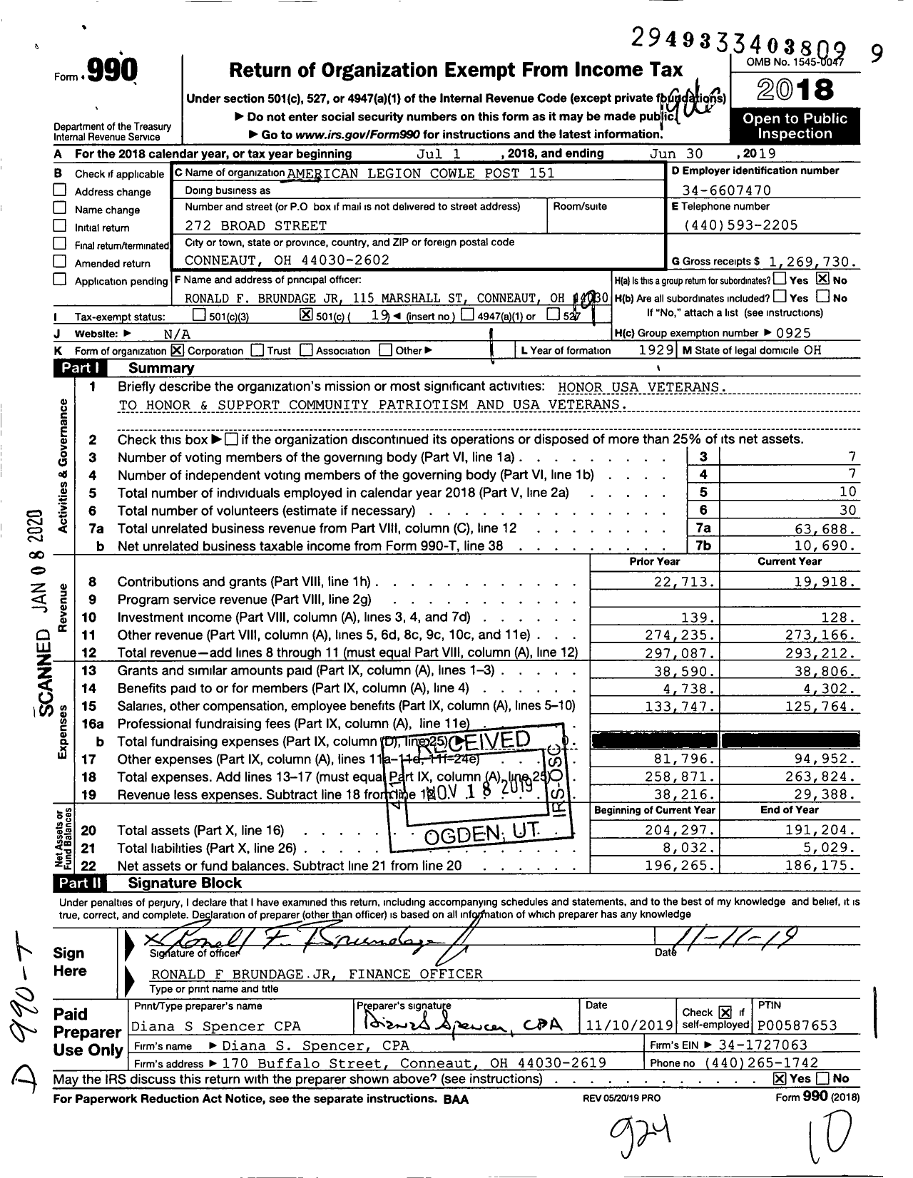 Image of first page of 2018 Form 990O for American Legion - 151 Cowle Post