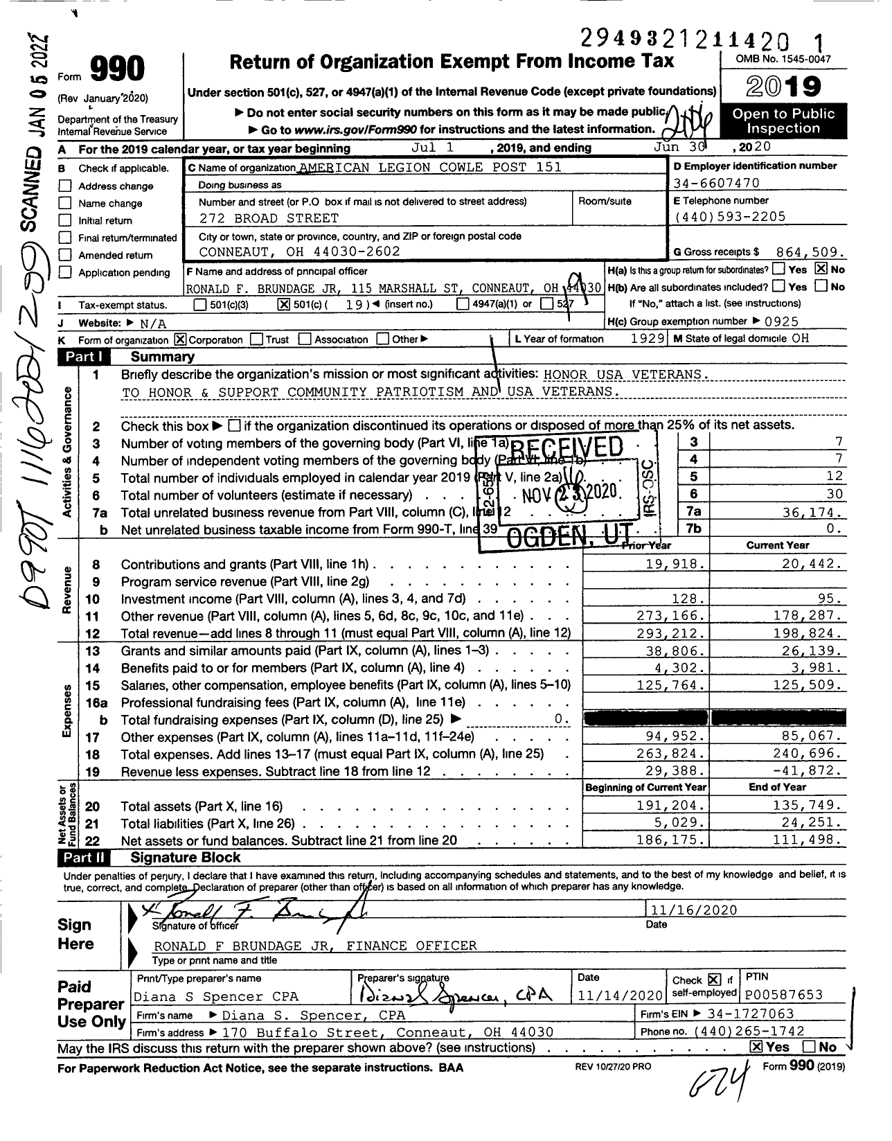 Image of first page of 2019 Form 990O for American Legion - 151 Cowle Post