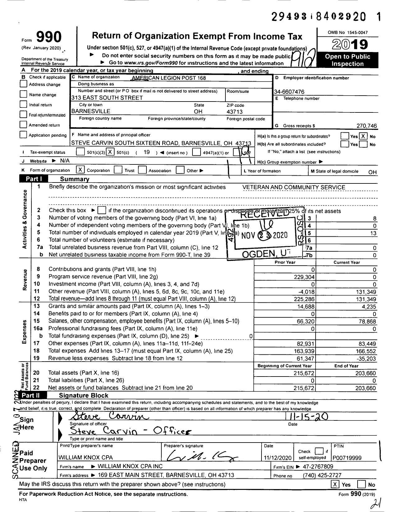 Image of first page of 2019 Form 990O for American Legion - 168 Barnesville