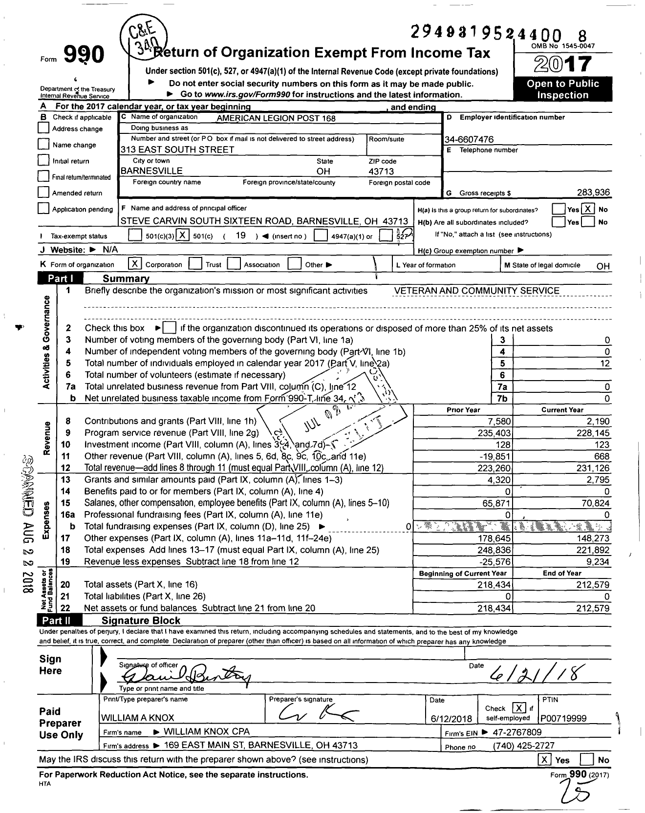 Image of first page of 2017 Form 990O for American Legion - 168 Barnesville