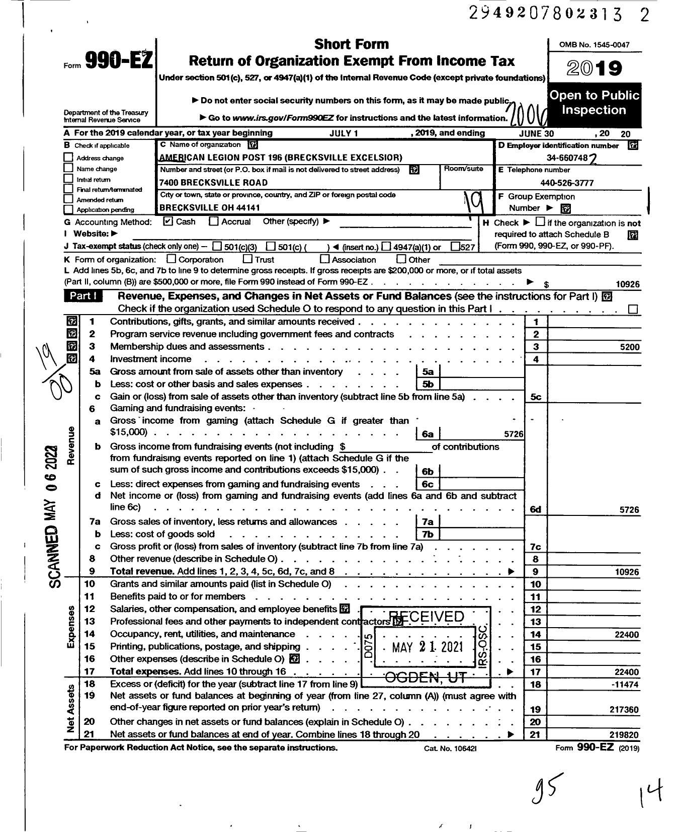 Image of first page of 2019 Form 990EO for American Legion - 196 Brecksville-Excelsior