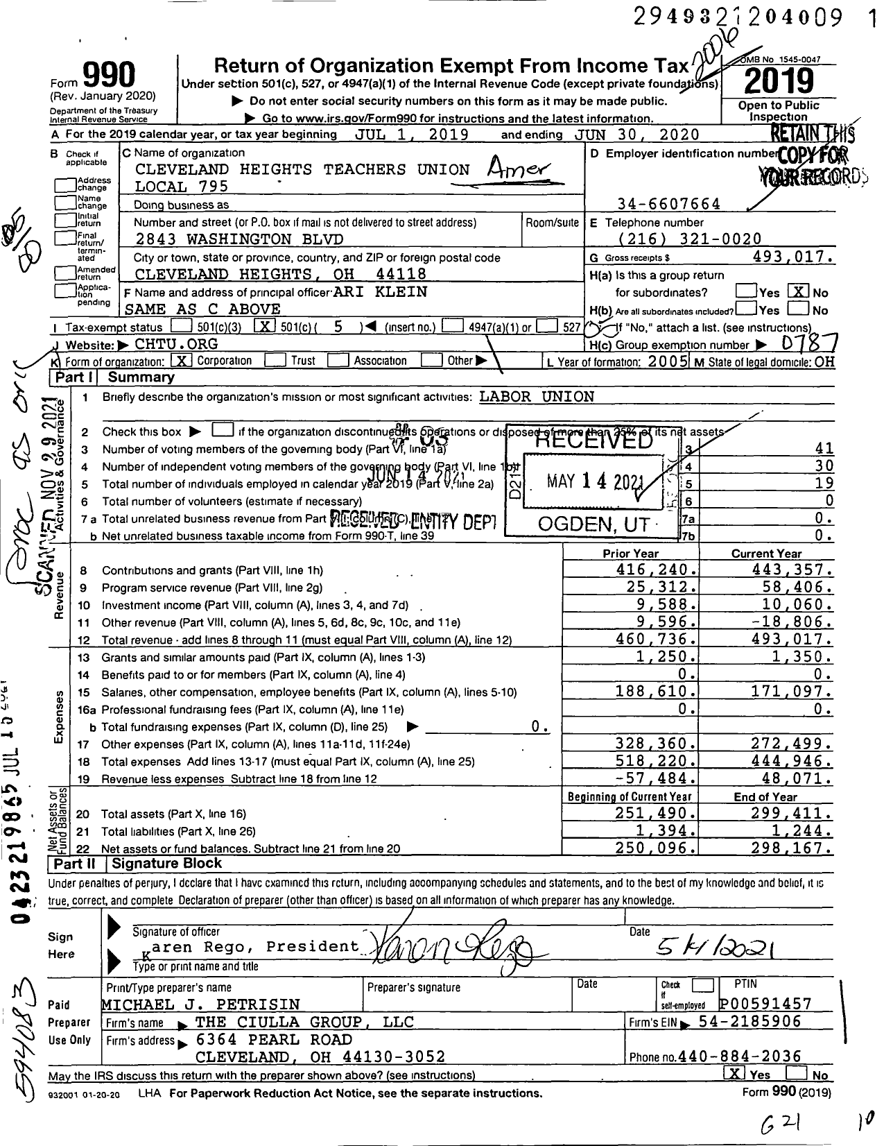 Image of first page of 2019 Form 990O for American Federation of Teachers - 795 Cleveland Heights Teachers Uni