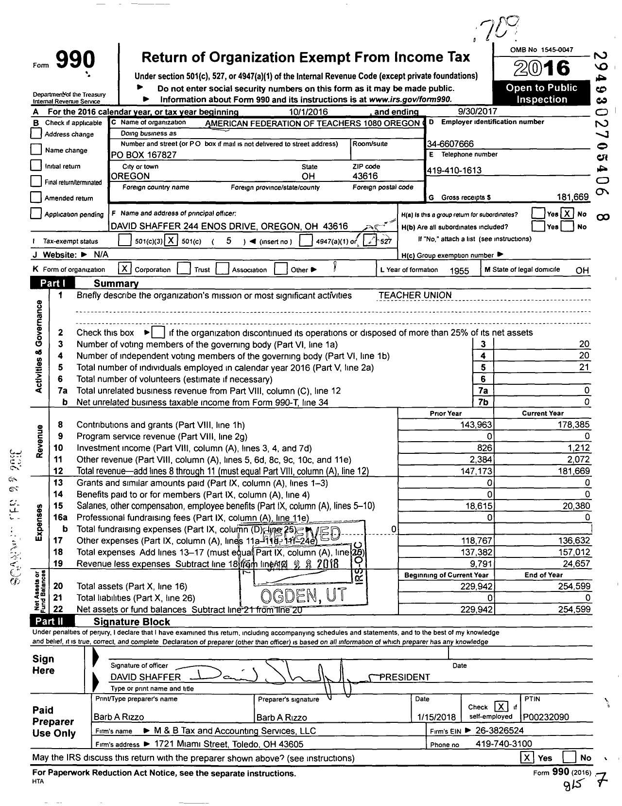 Image of first page of 2016 Form 990O for American Federation of Teachers - 1080 Oregon City Federation of Teac
