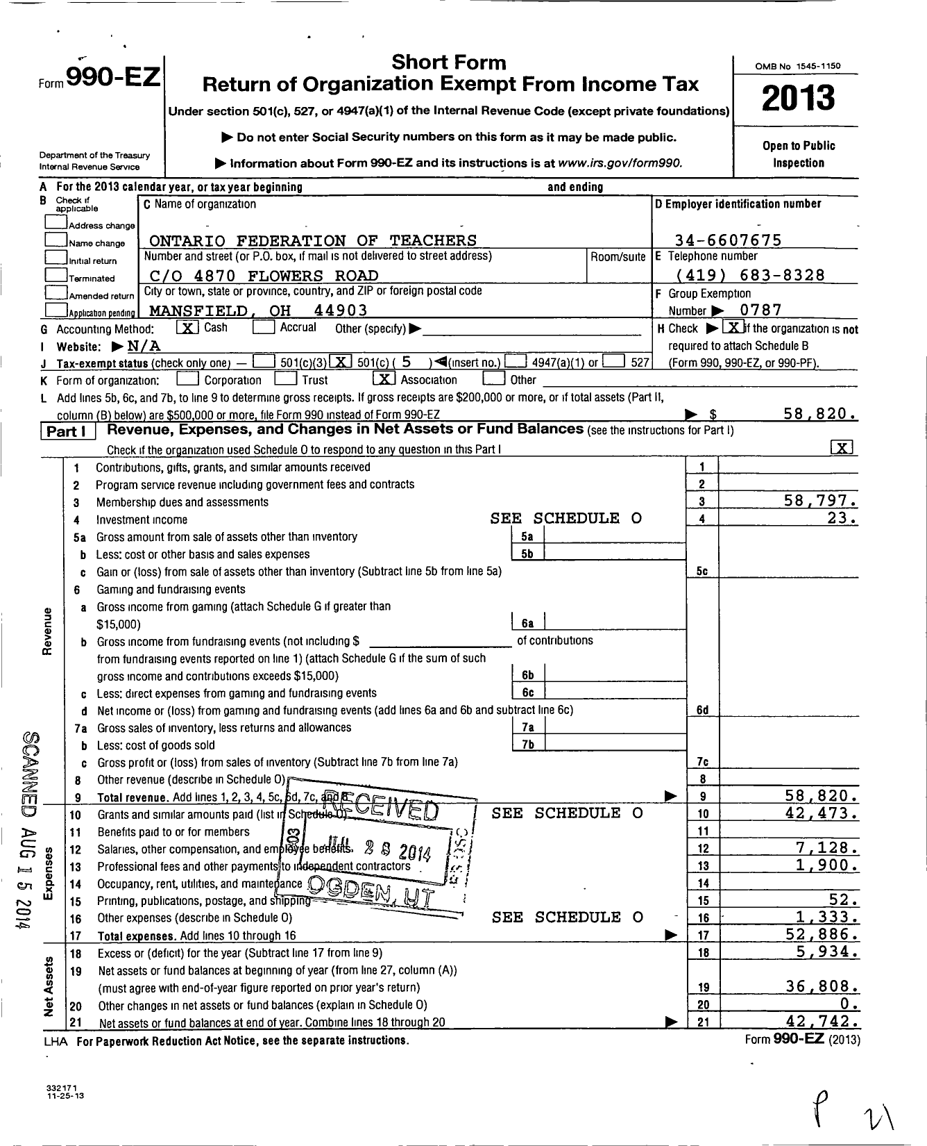 Image of first page of 2013 Form 990EO for American Federation of Teachers - 1703 Ontario