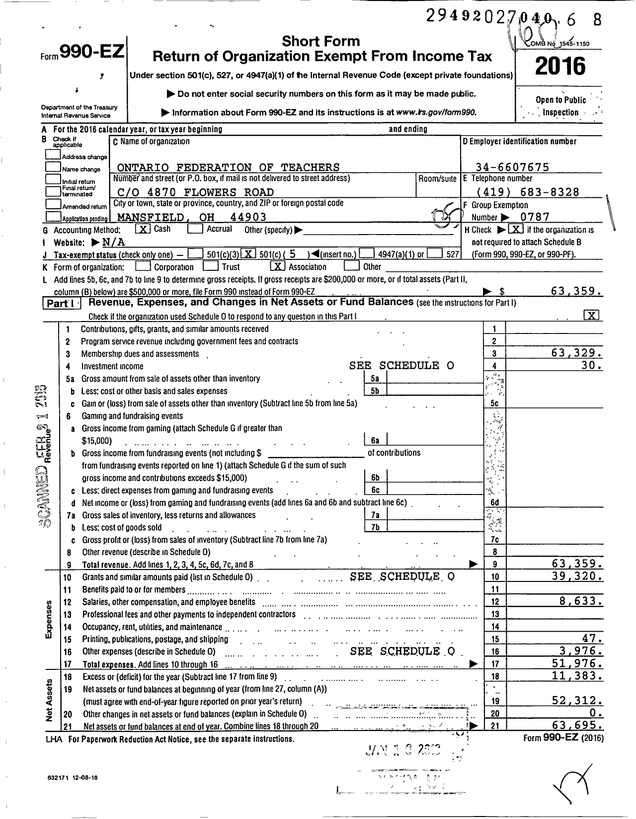 Image of first page of 2016 Form 990EO for American Federation of Teachers - 1703 Ontario