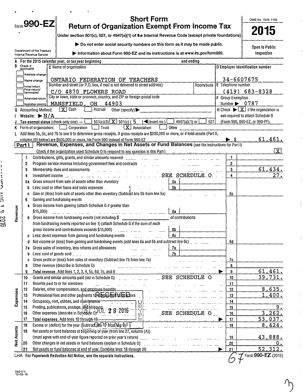 Image of first page of 2015 Form 990EO for American Federation of Teachers - 1703 Ontario