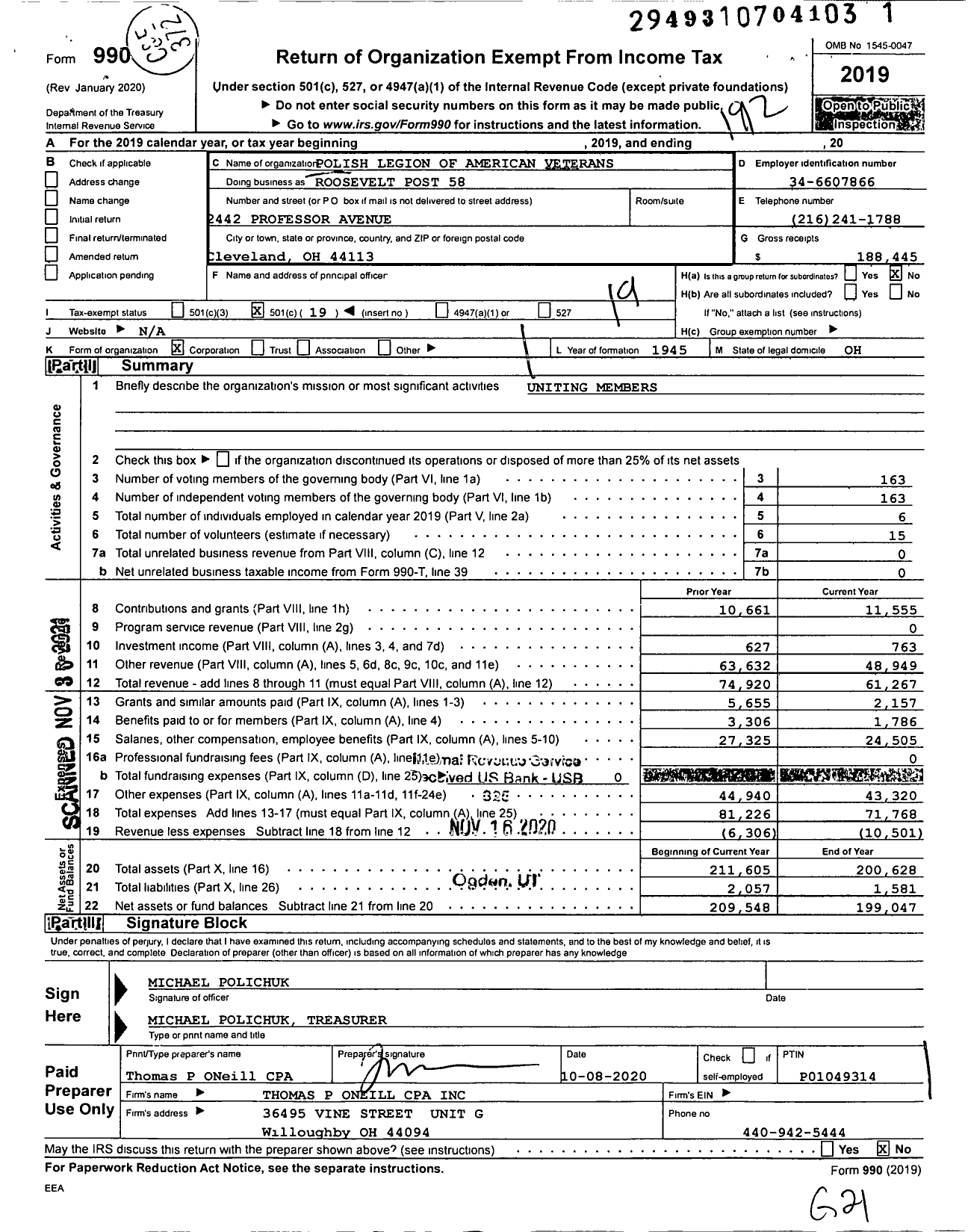 Image of first page of 2019 Form 990O for Polish Legion of American Veterans USA - 58 Roosevelt Post