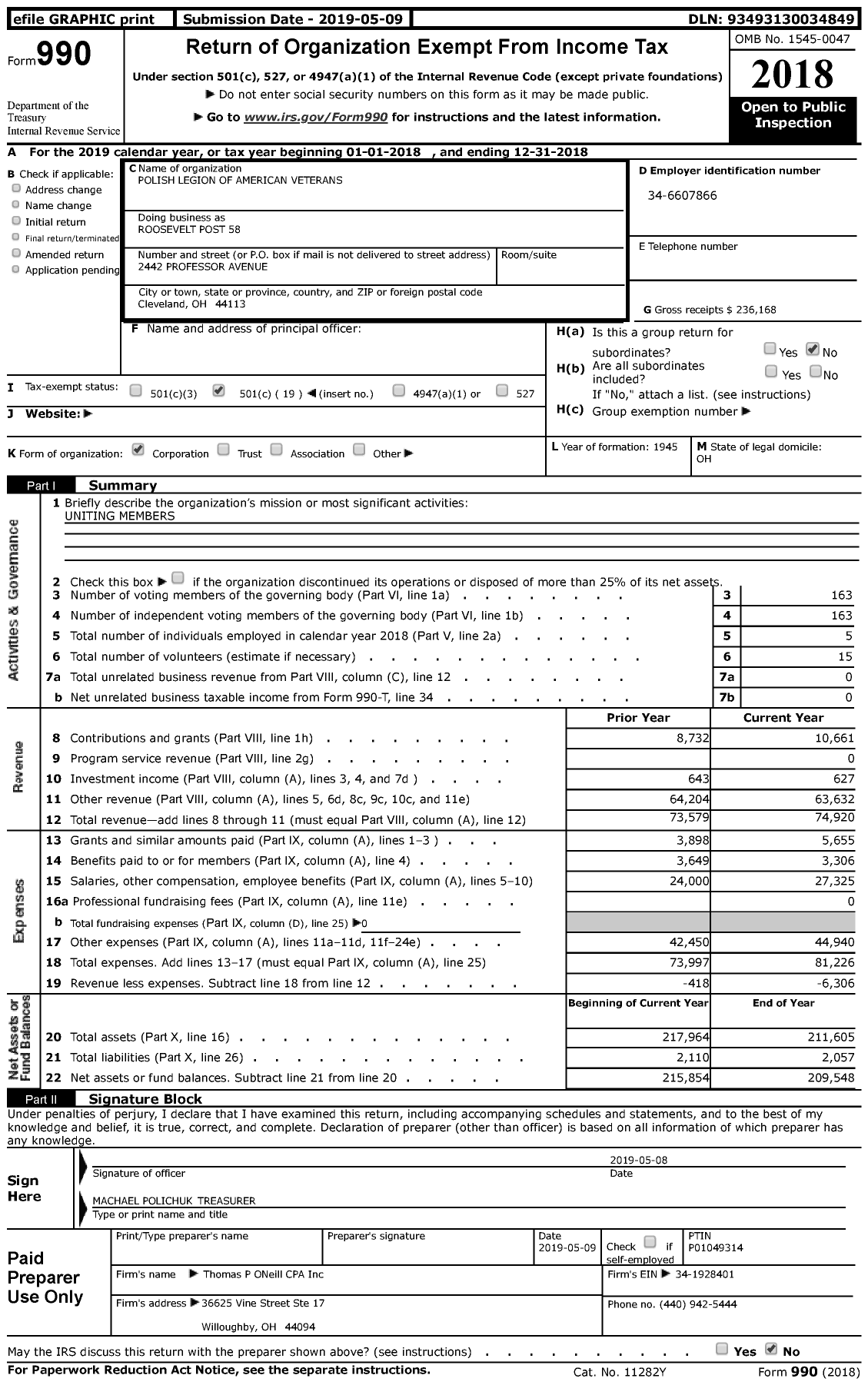 Image of first page of 2018 Form 990 for Polish Legion of American Veterans USA - 58 Roosevelt Post