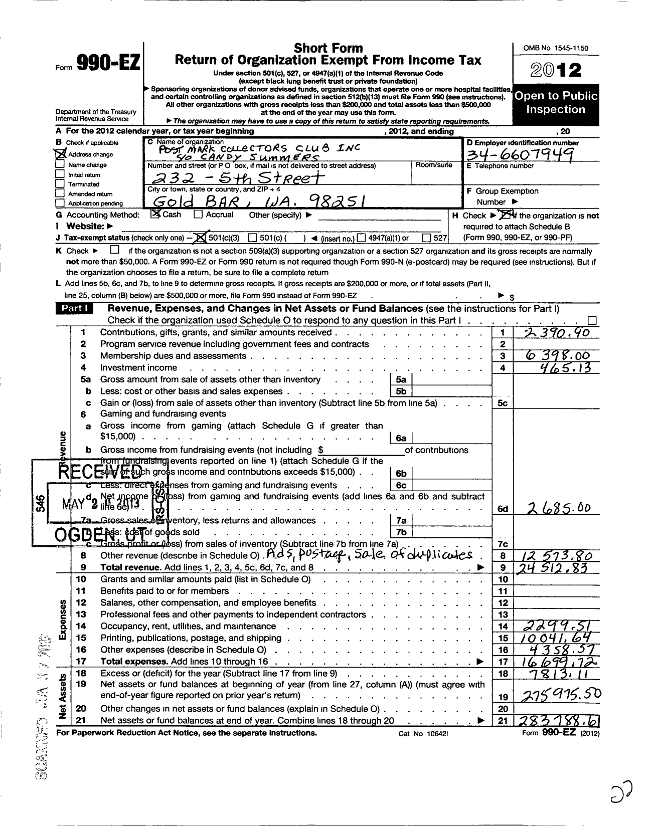 Image of first page of 2012 Form 990EZ for Postmark Collectors Club PMCC