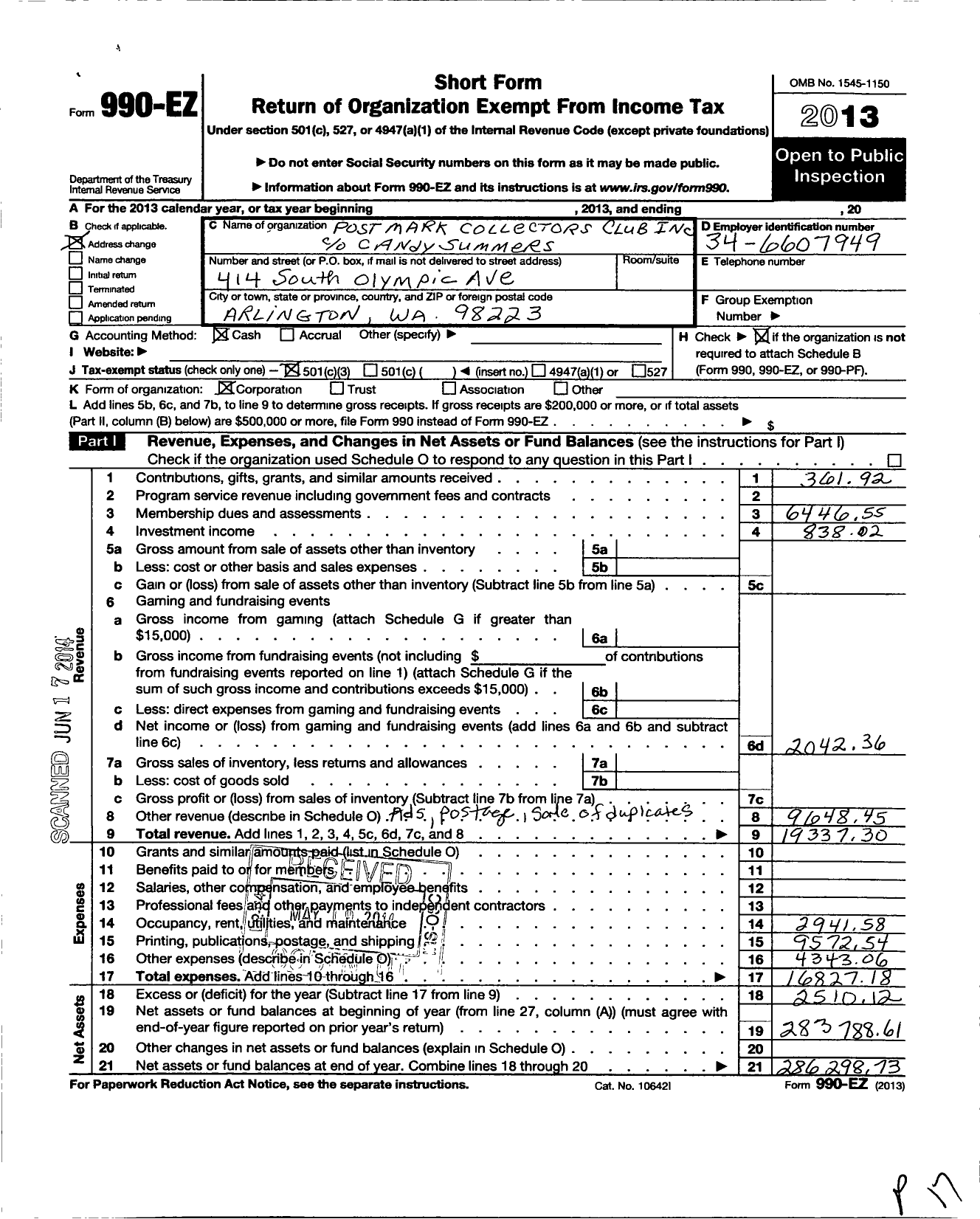 Image of first page of 2013 Form 990EZ for Postmark Collectors Club PMCC