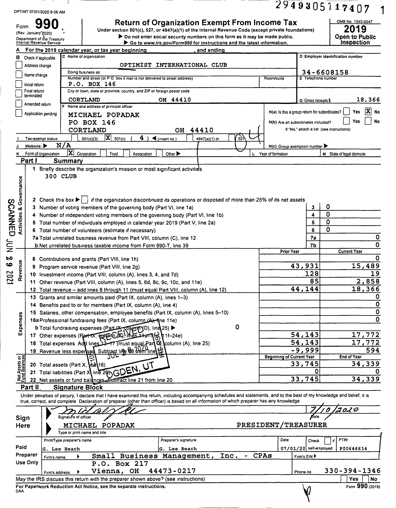 Image of first page of 2019 Form 990O for Optimist International - 24007 Oc of Bazetta Cortland Oh