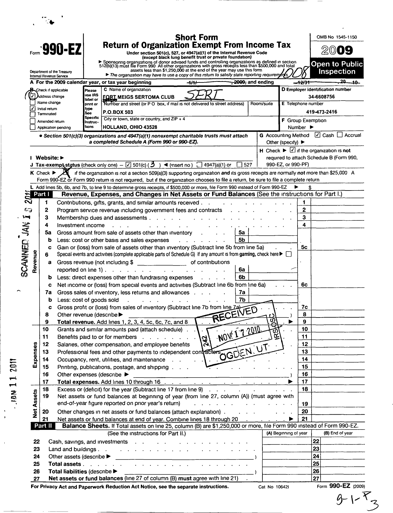 Image of first page of 2009 Form 990EZ for Sertoma - 10152 Sertoma Club of Whitehouse in
