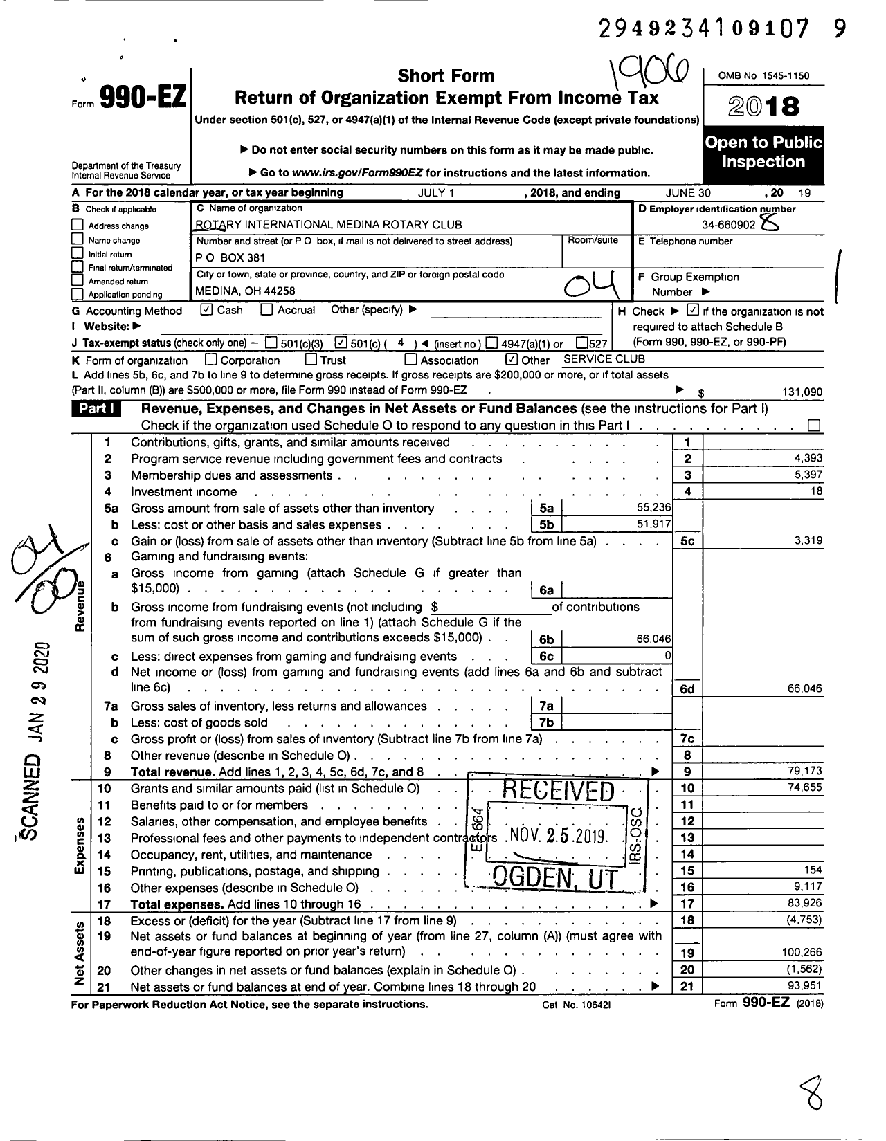 Image of first page of 2018 Form 990EO for Rotary International - Medina Rotary Club