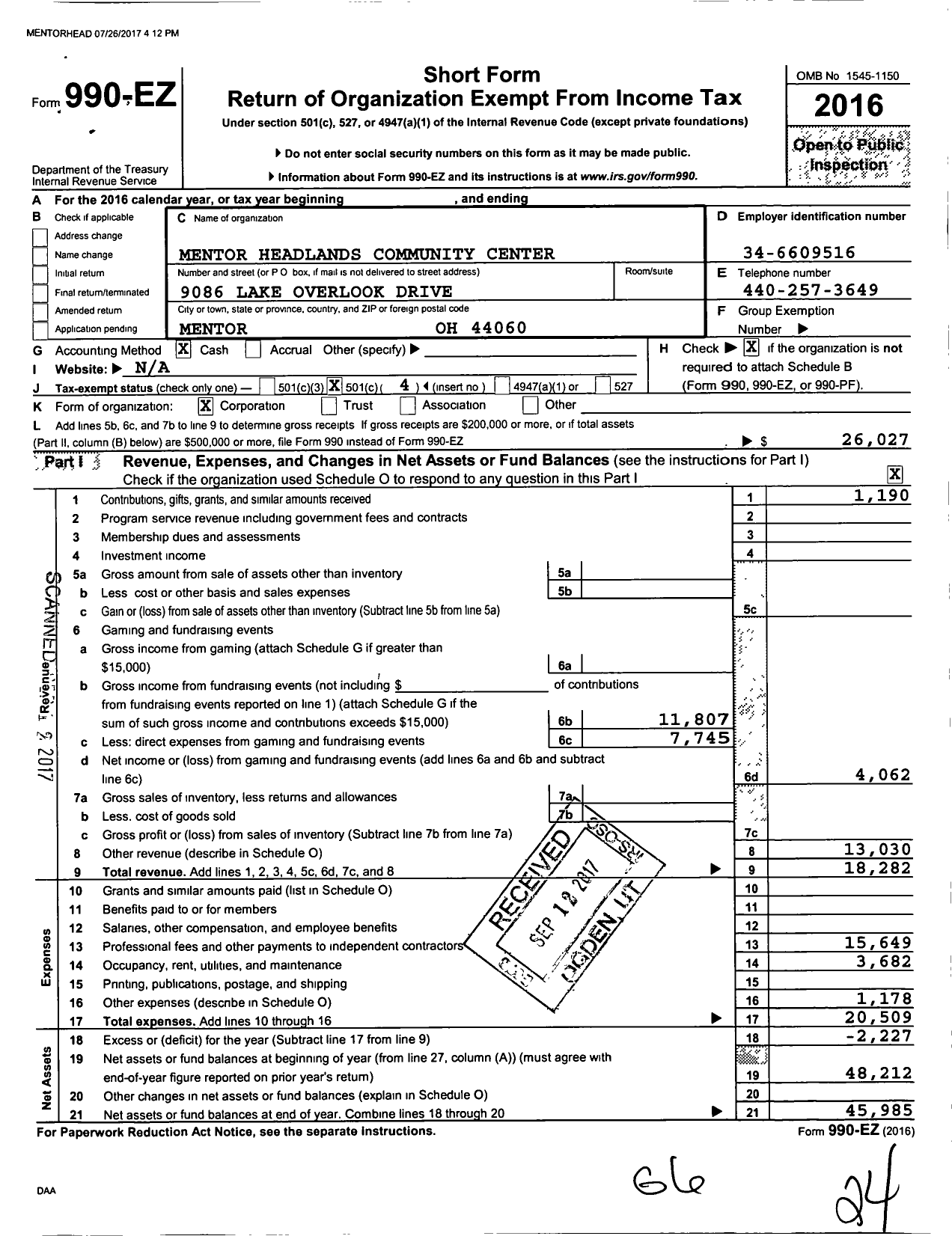 Image of first page of 2016 Form 990EO for Mentor Headlands Community Center