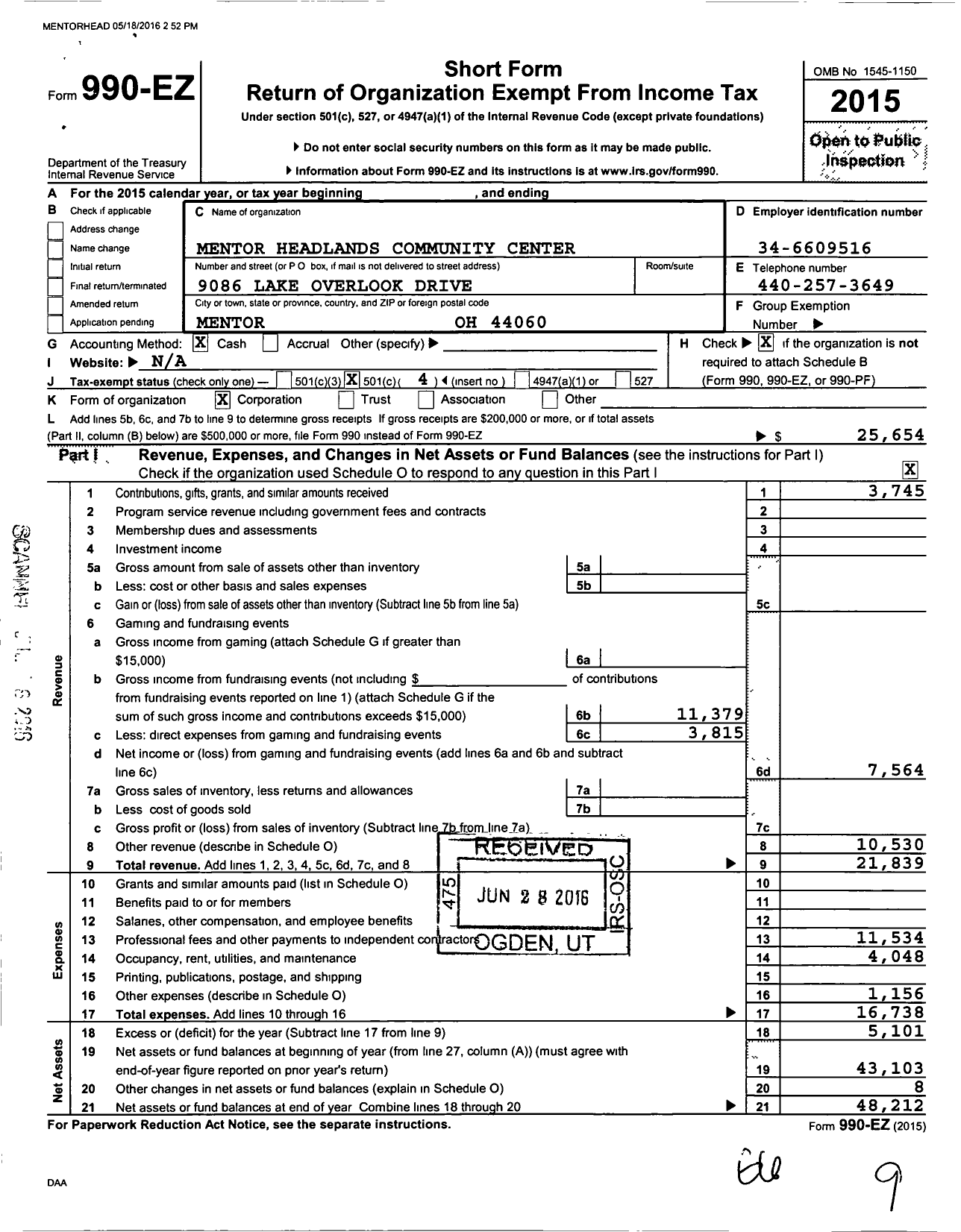 Image of first page of 2015 Form 990EO for Mentor Headlands Community Center