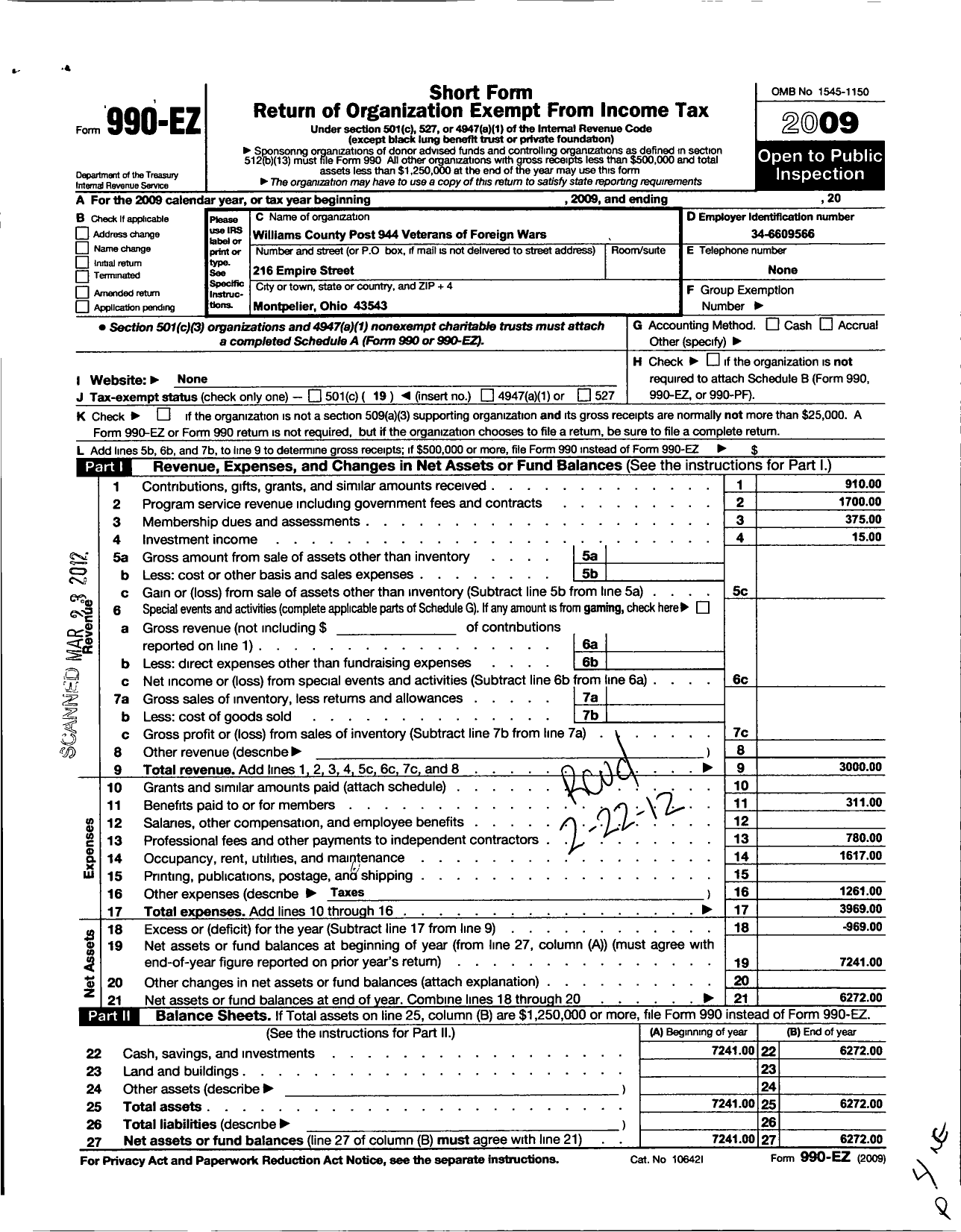 Image of first page of 2009 Form 990EO for Williams County Post 944 Veterans of Foreign Wars of the United