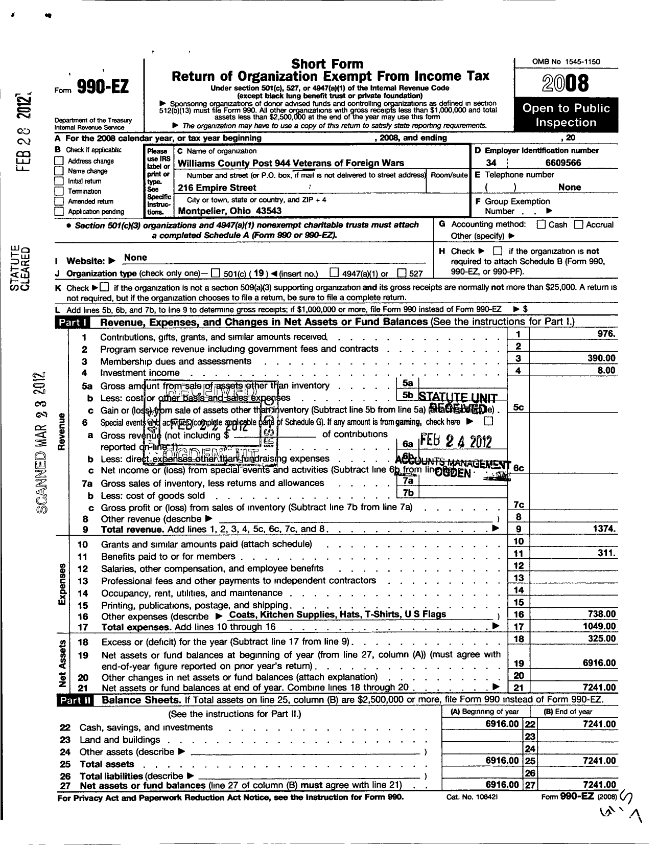 Image of first page of 2008 Form 990EO for Williams County Post 944 Veterans of Foreign Wars of the United