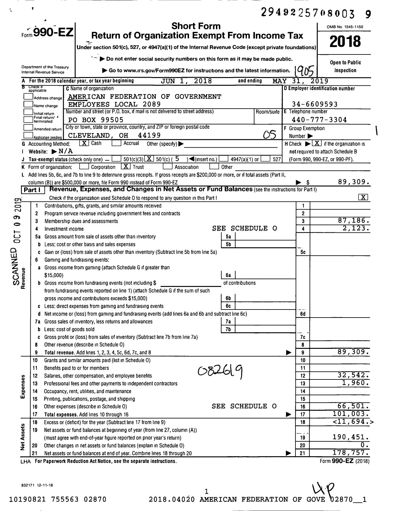 Image of first page of 2018 Form 990EO for American Federation of Government Employees - 2089 Afge Local