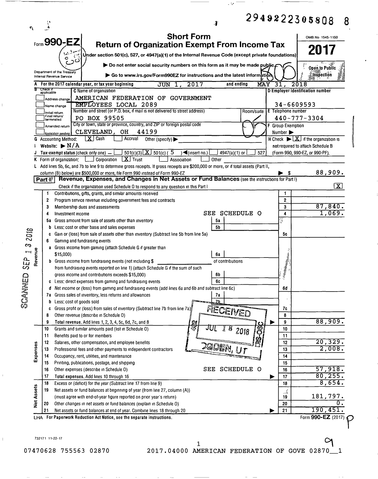 Image of first page of 2017 Form 990EO for American Federation of Government Employees - 2089 Afge Local