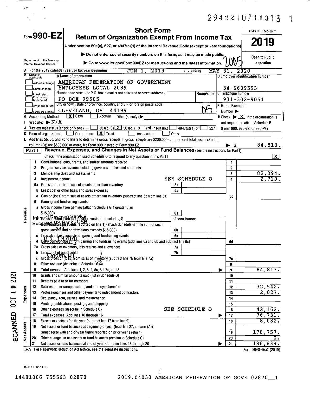Image of first page of 2019 Form 990EO for American Federation of Government Employees - 2089 Afge Local