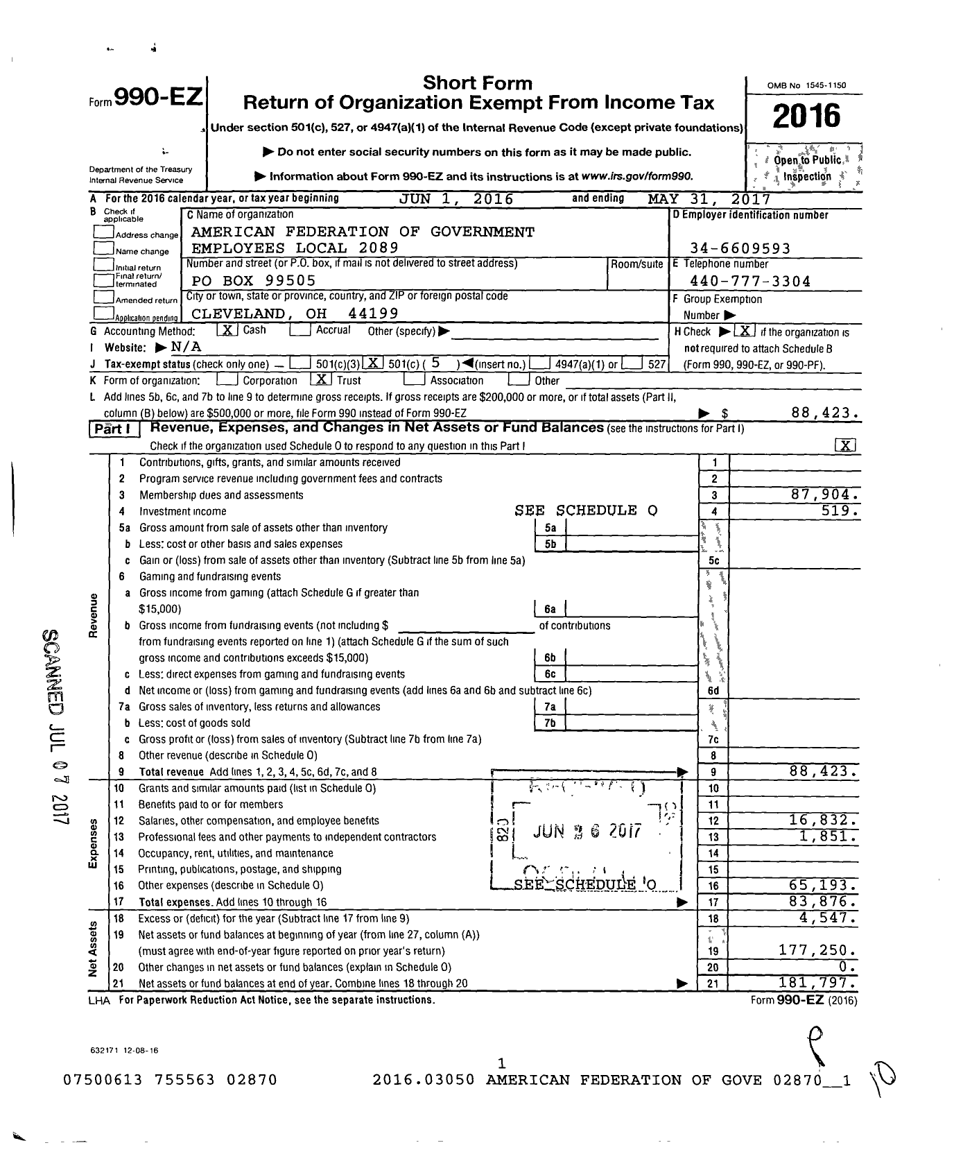 Image of first page of 2016 Form 990EO for American Federation of Government Employees - 2089 Afge Local