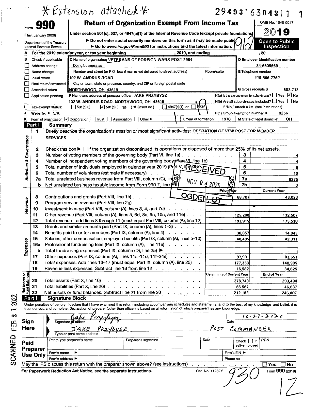 Image of first page of 2019 Form 990O for Ohio VFW - Veterans of Foreign Wars Post 2984