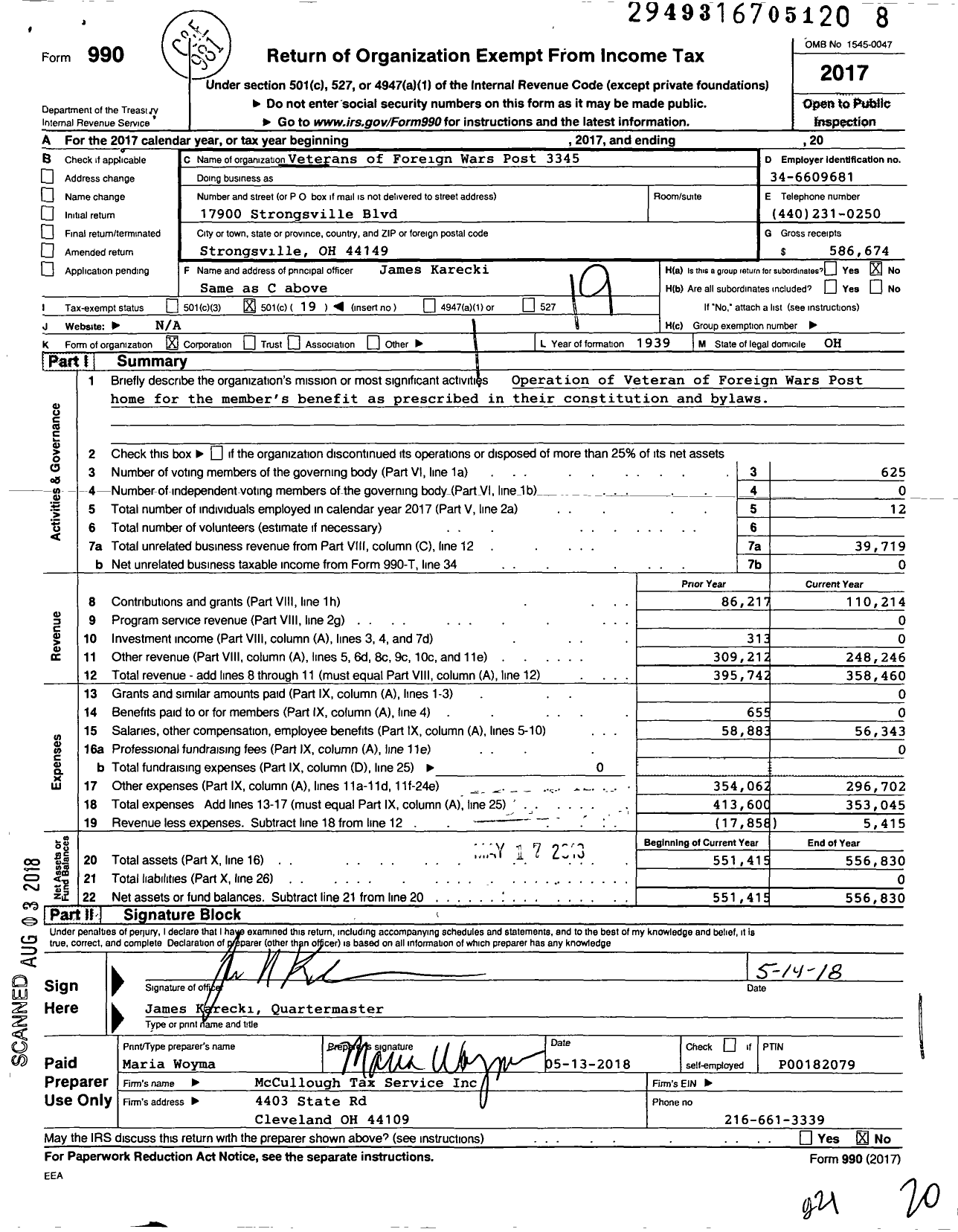 Image of first page of 2017 Form 990O for Ohio VFW - Department of Ohio 3345 VFW