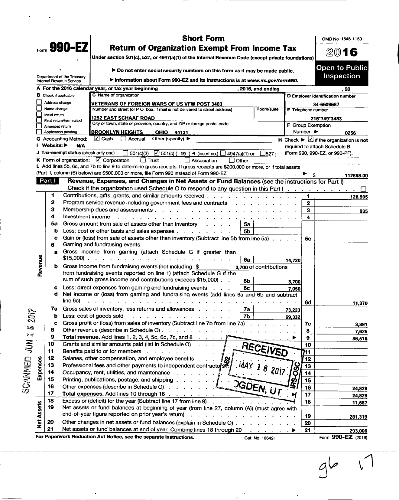 Image of first page of 2016 Form 990EO for Ohio VFW - Veterans of Foreign Wars of Us VFW Post 3483