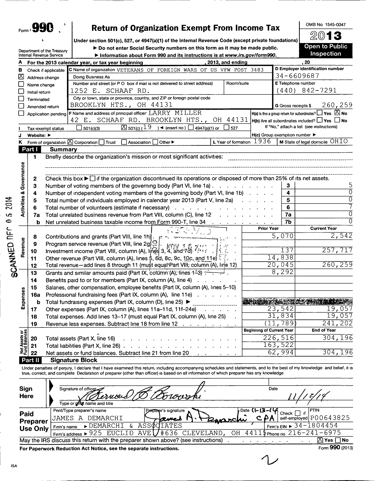 Image of first page of 2013 Form 990O for Ohio VFW - Veterans of Foreign Wars of Us VFW Post 3483