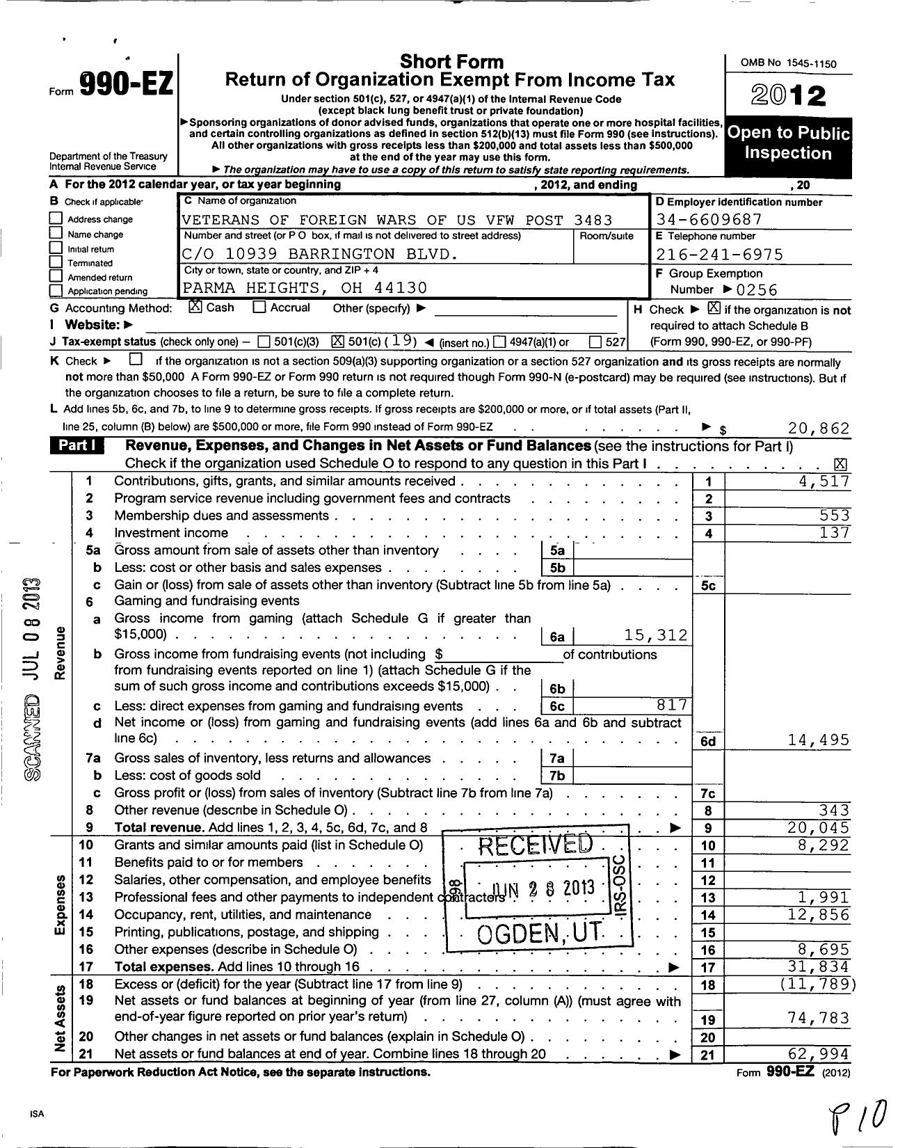 Image of first page of 2012 Form 990EO for Ohio VFW - Veterans of Foreign Wars of Us VFW Post 3483