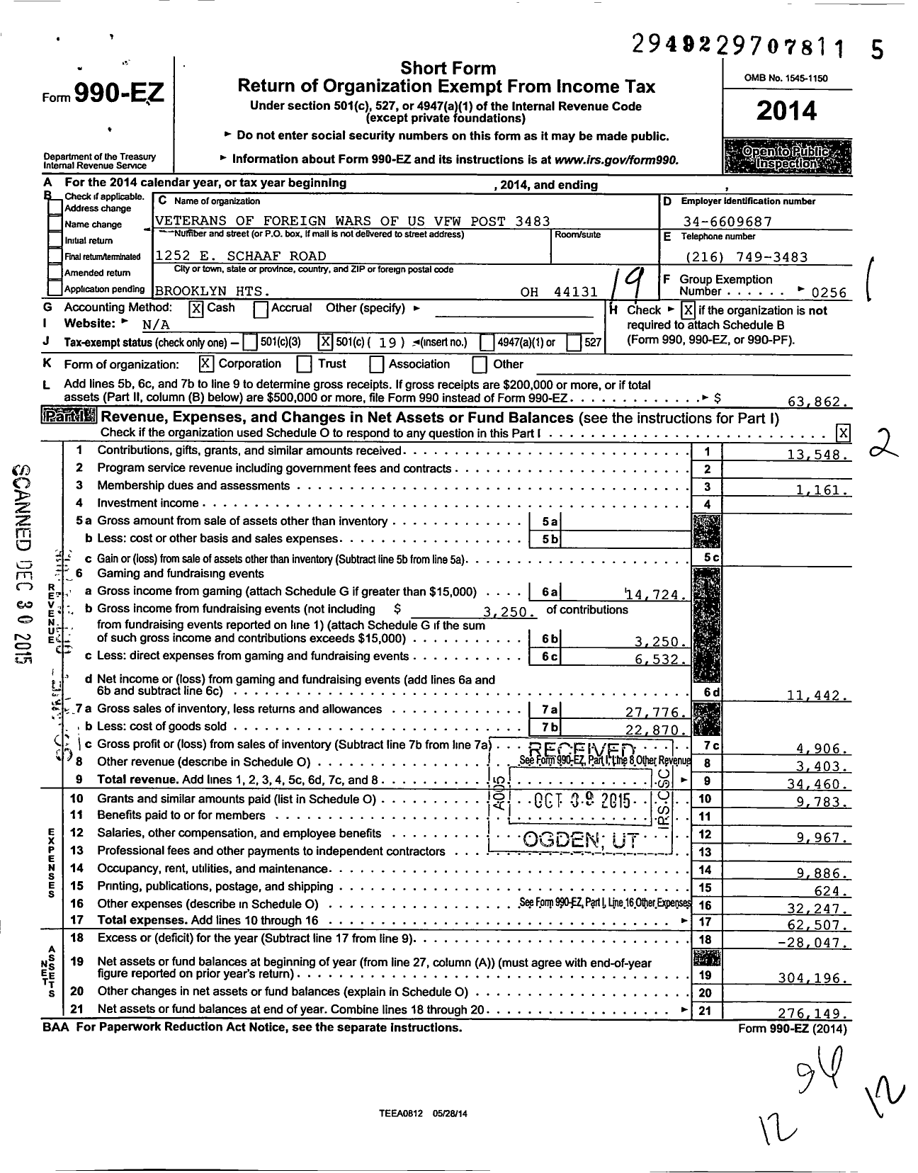 Image of first page of 2014 Form 990EO for Ohio VFW - Veterans of Foreign Wars of Us VFW Post 3483