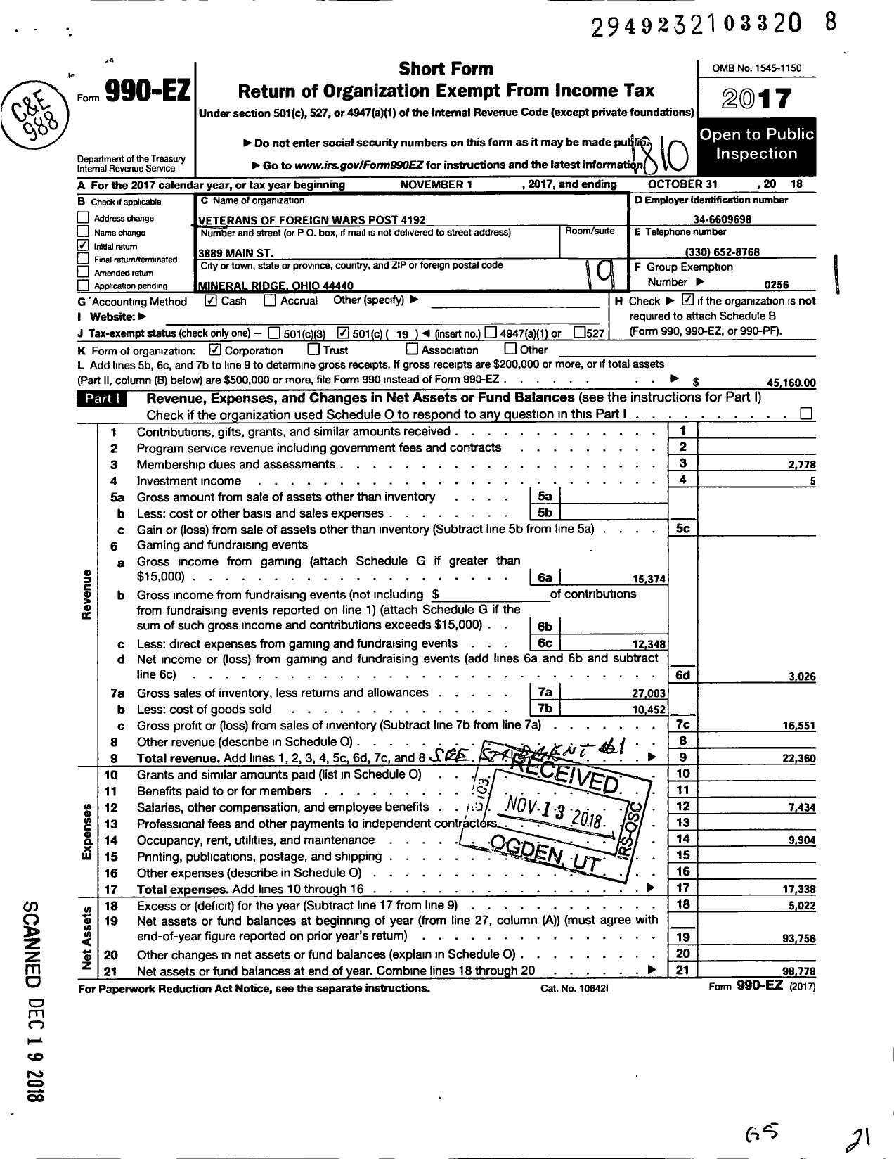 Image of first page of 2017 Form 990EO for Ohio VFW - Veterans of Foreign Wars Post 4192