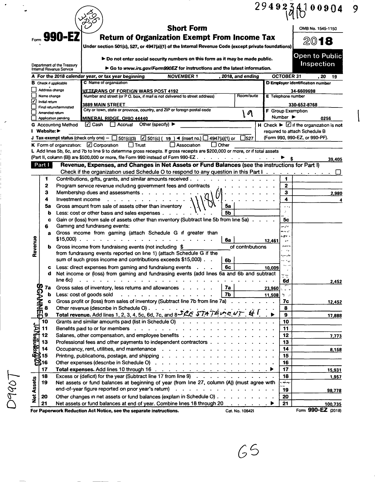 Image of first page of 2018 Form 990EO for Ohio VFW - Veterans of Foreign Wars Post 4192