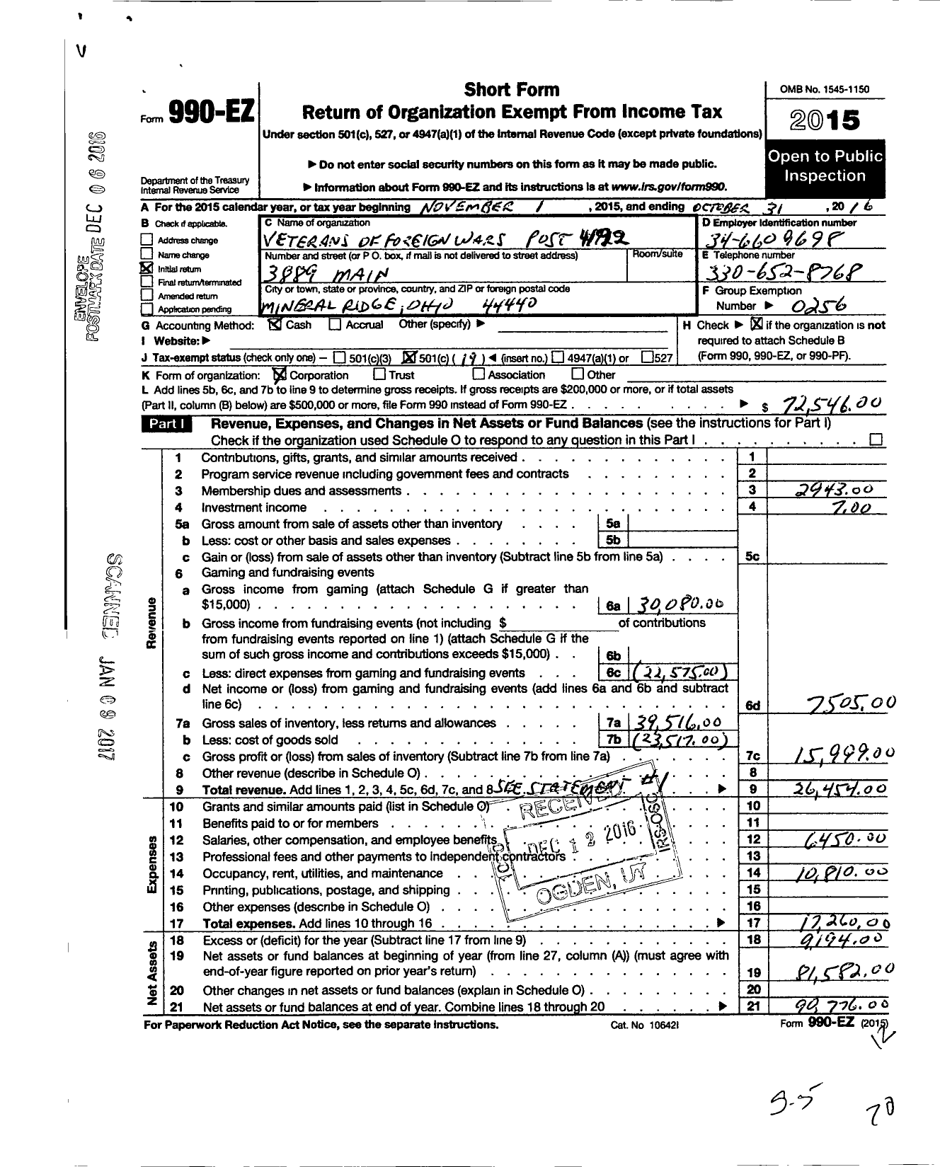 Image of first page of 2015 Form 990EO for Ohio VFW - Veterans of Foreign Wars Post 4192