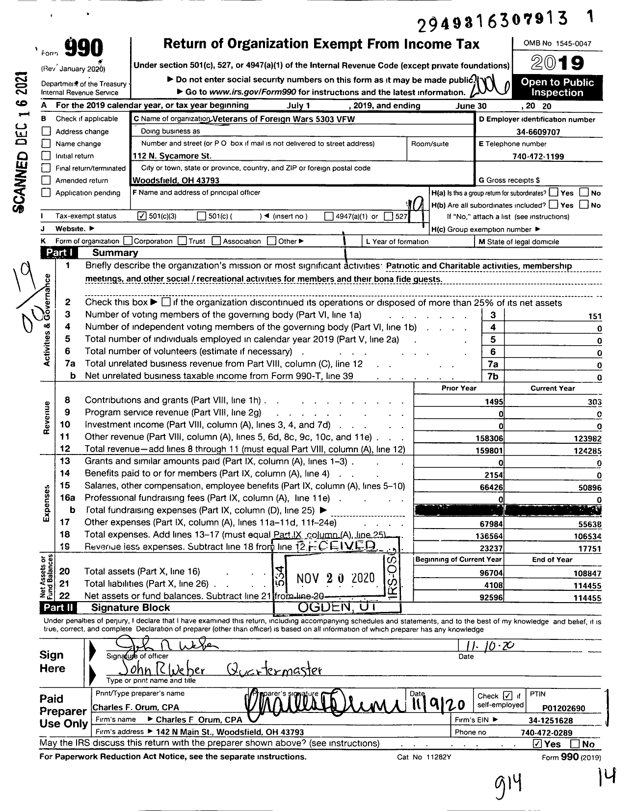 Image of first page of 2019 Form 990O for Ohio VFW - Veterans of Foreign Wars