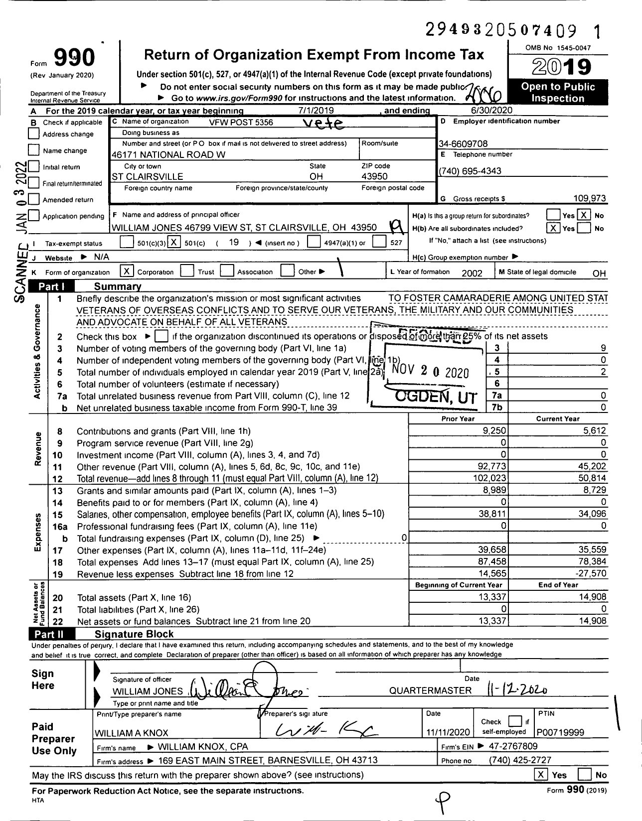 Image of first page of 2019 Form 990O for Ohio VFW - VFW Post 5356