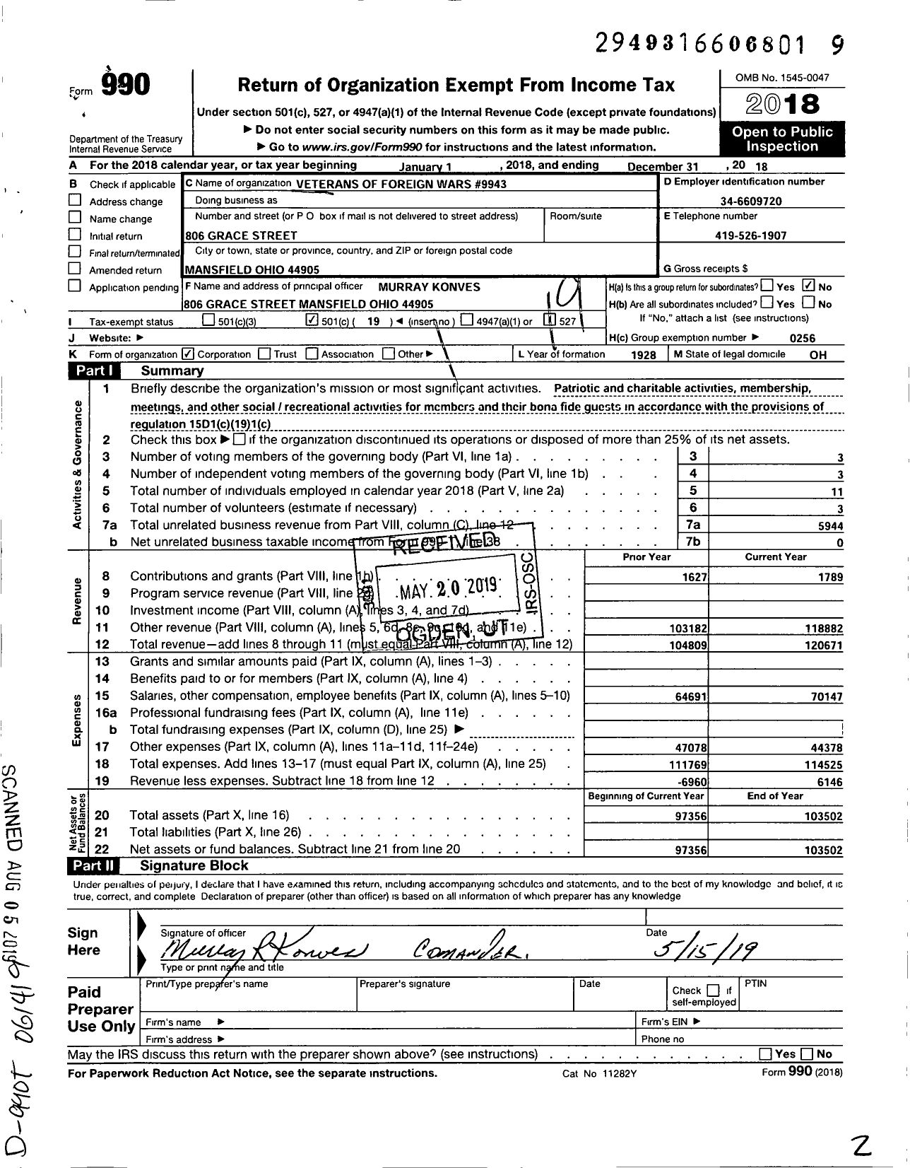 Image of first page of 2018 Form 990O for Ohio VFW - Veterans of Foreign Wars 9943