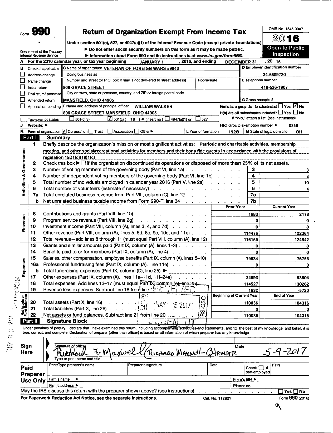 Image of first page of 2016 Form 990O for Ohio VFW - Veterans of Foreign Wars 9943
