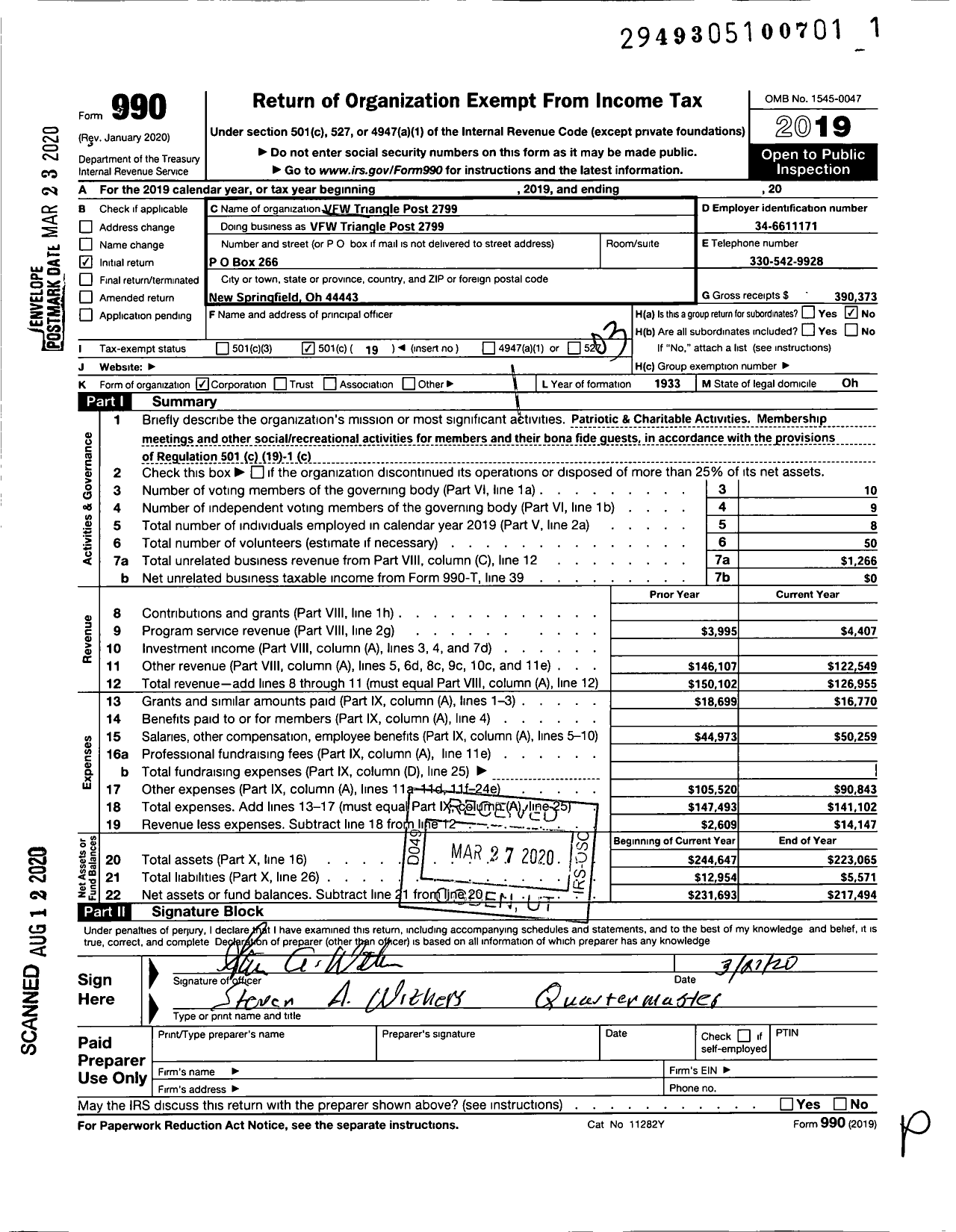 Image of first page of 2019 Form 990 for Ohio VFW - VFW Triangle Post 2799