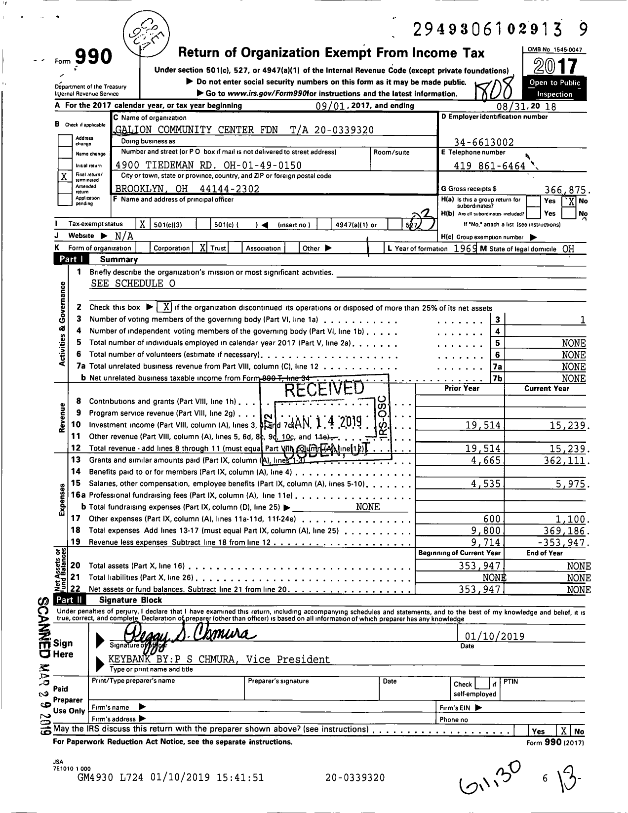 Image of first page of 2017 Form 990 for Galion Community Center Foundation
