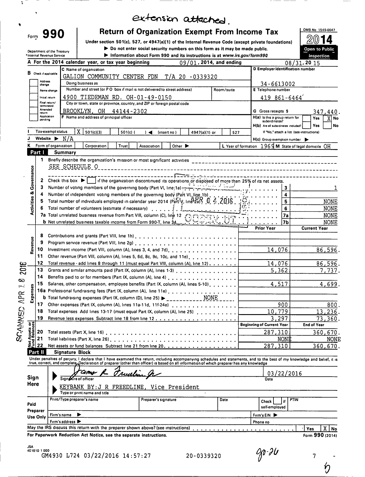 Image of first page of 2014 Form 990 for Galion Community Center Foundation
